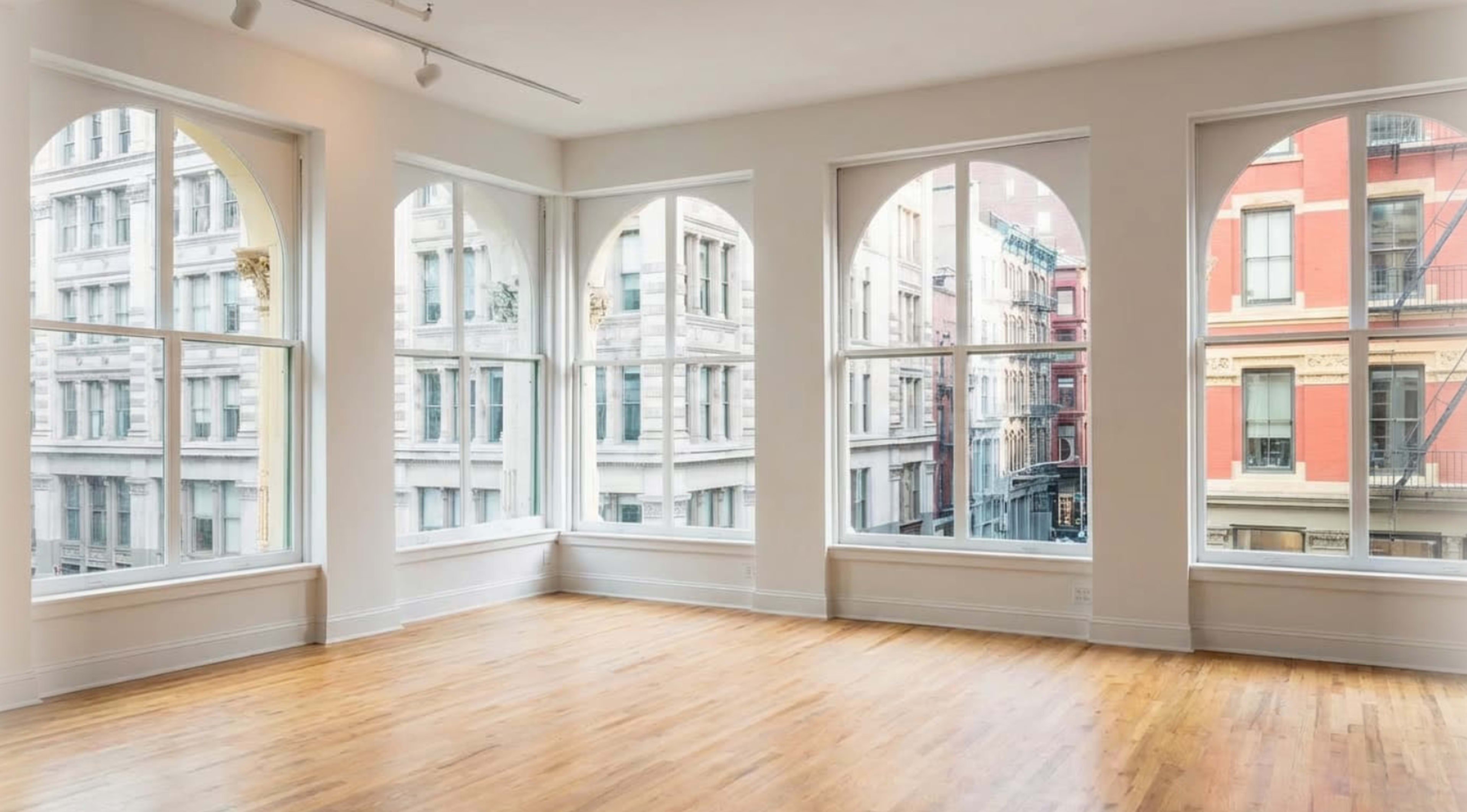 The image shows a bright, spacious room with large arched windows overlooking a city street.