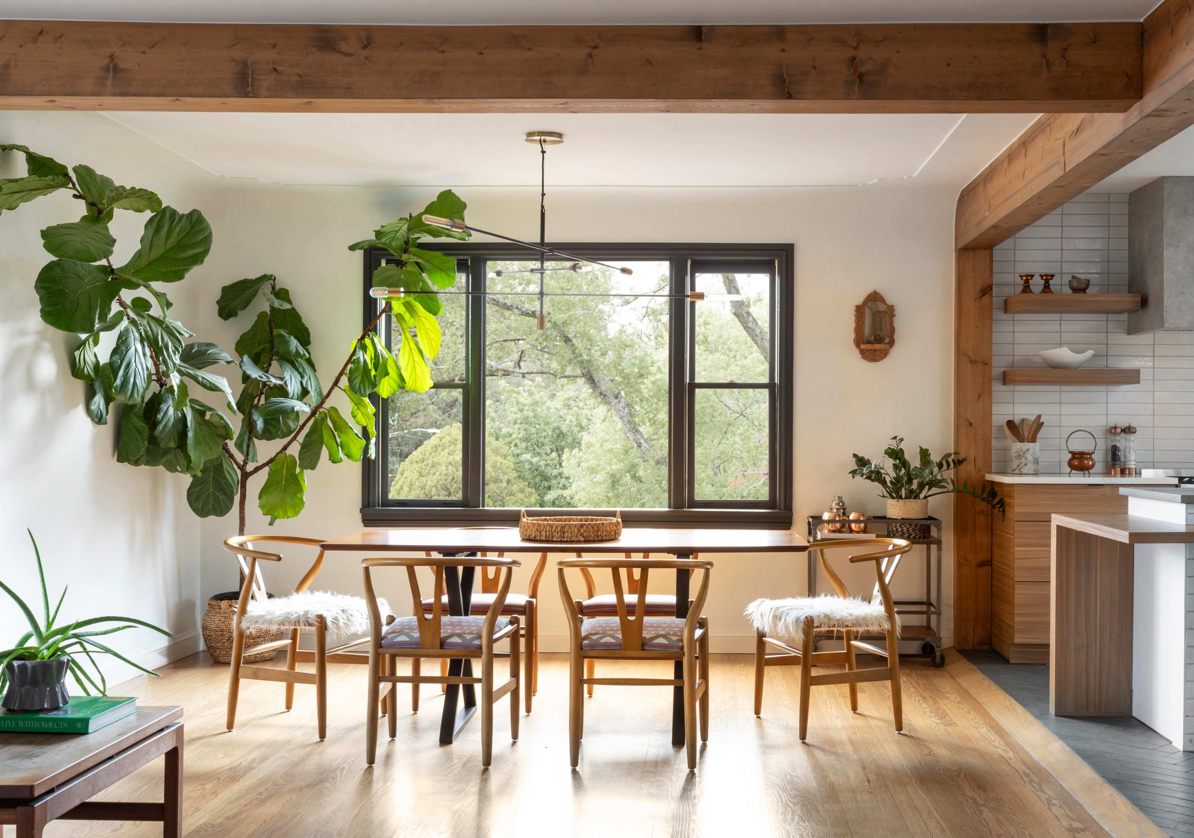 A dining area features a wooden table surrounded by four chairs, a large plant, and a window with a view of greenery outside.