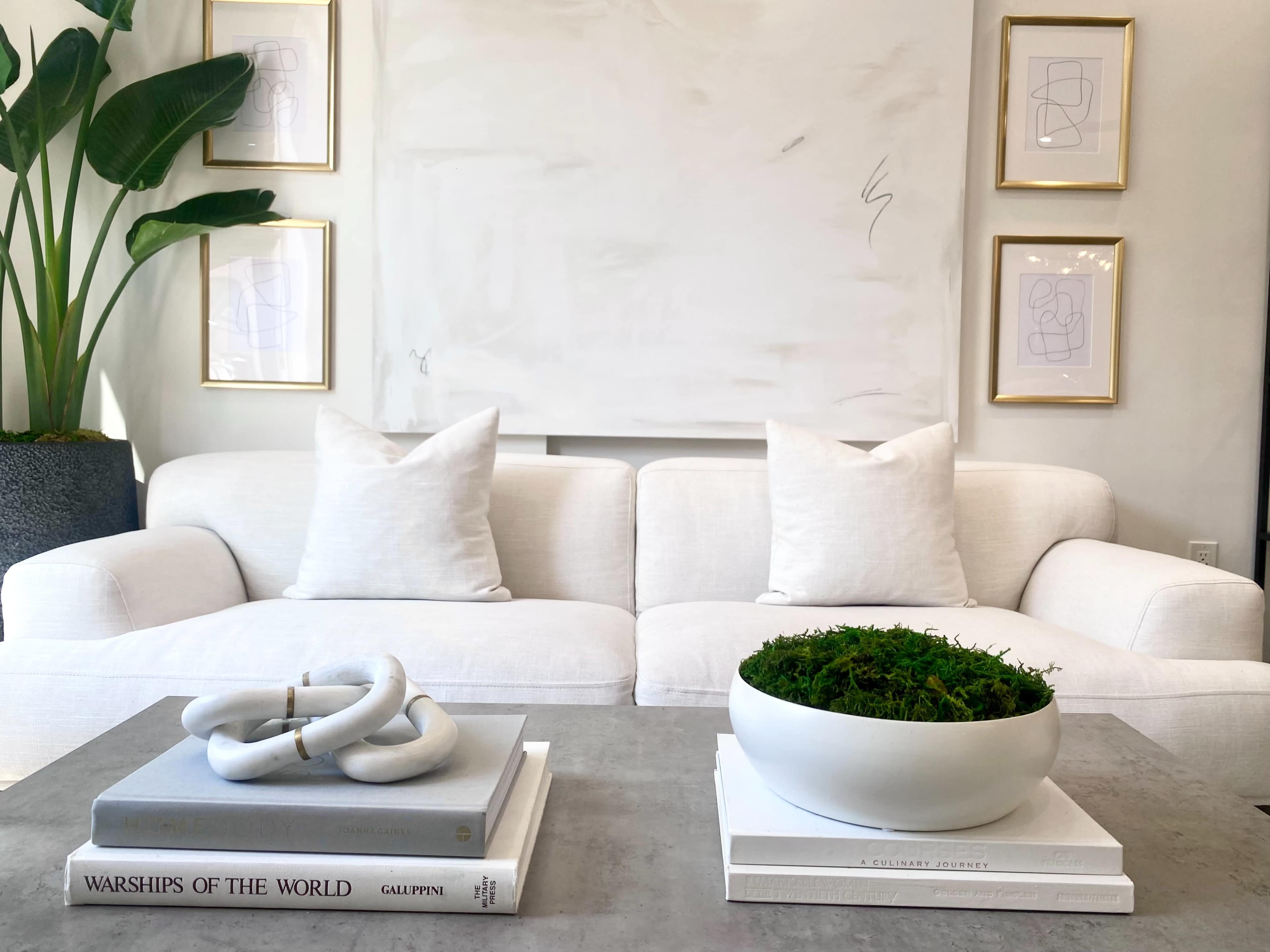 A modern living room features a white sofa with two decorative pillows, a coffee table displaying art books and a circular planter with moss, alongside framed abstract artwork on the wall.