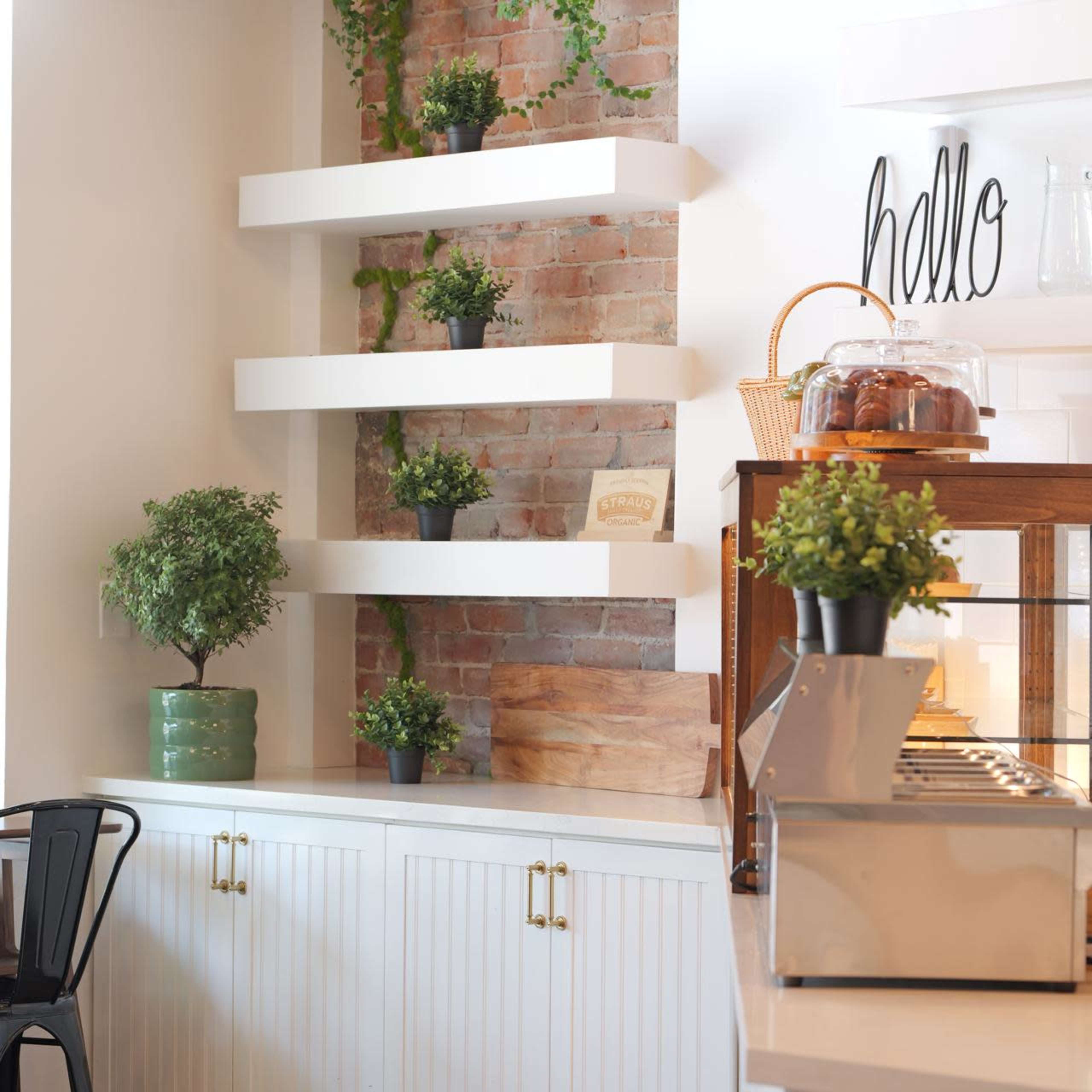 The image features a modern café interior with white shelving displaying small potted plants against a brick wall, alongside a wooden counter and a glass display case.