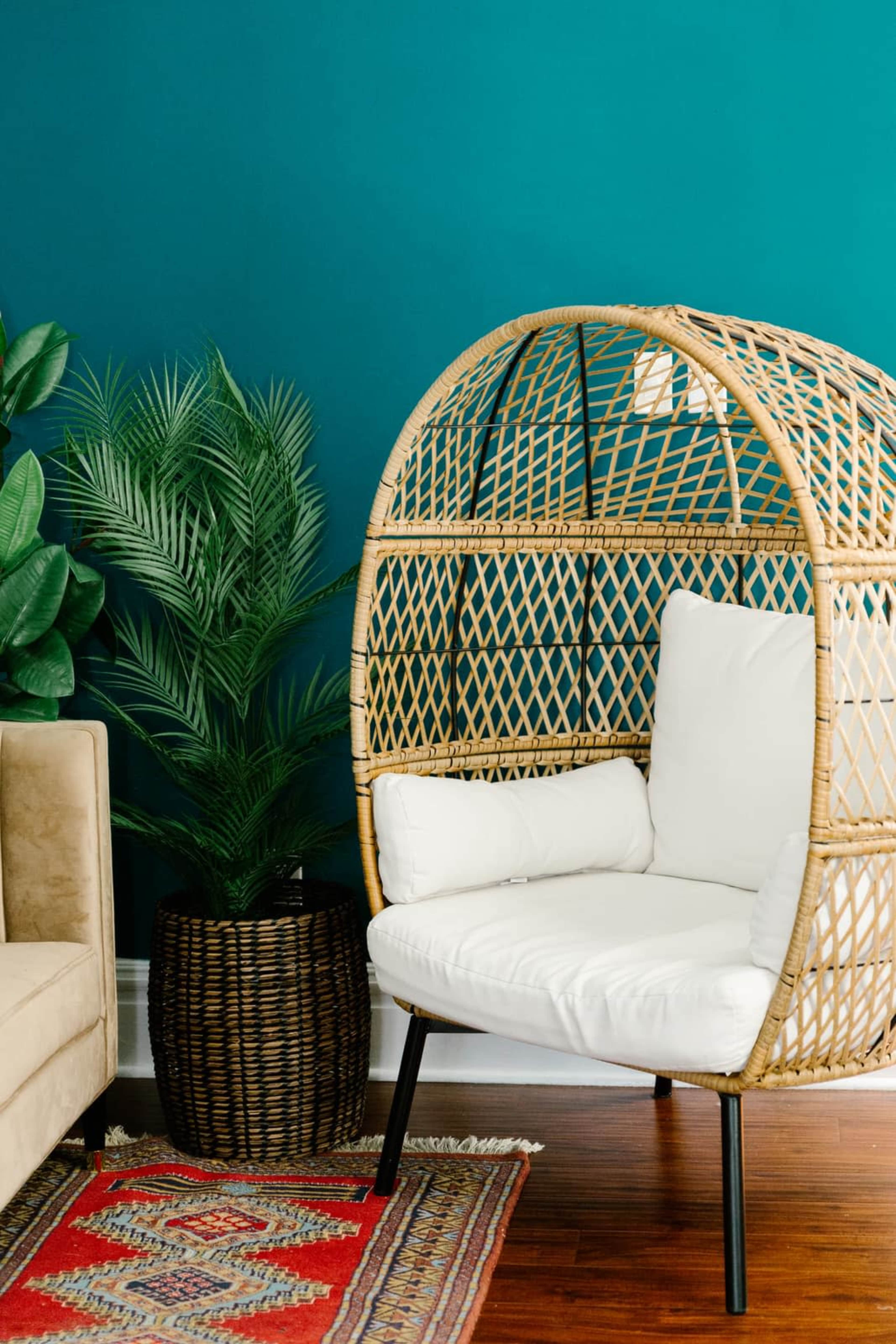 A rattan hanging chair with white cushions sits beside a green plant in a woven basket against a teal wall.