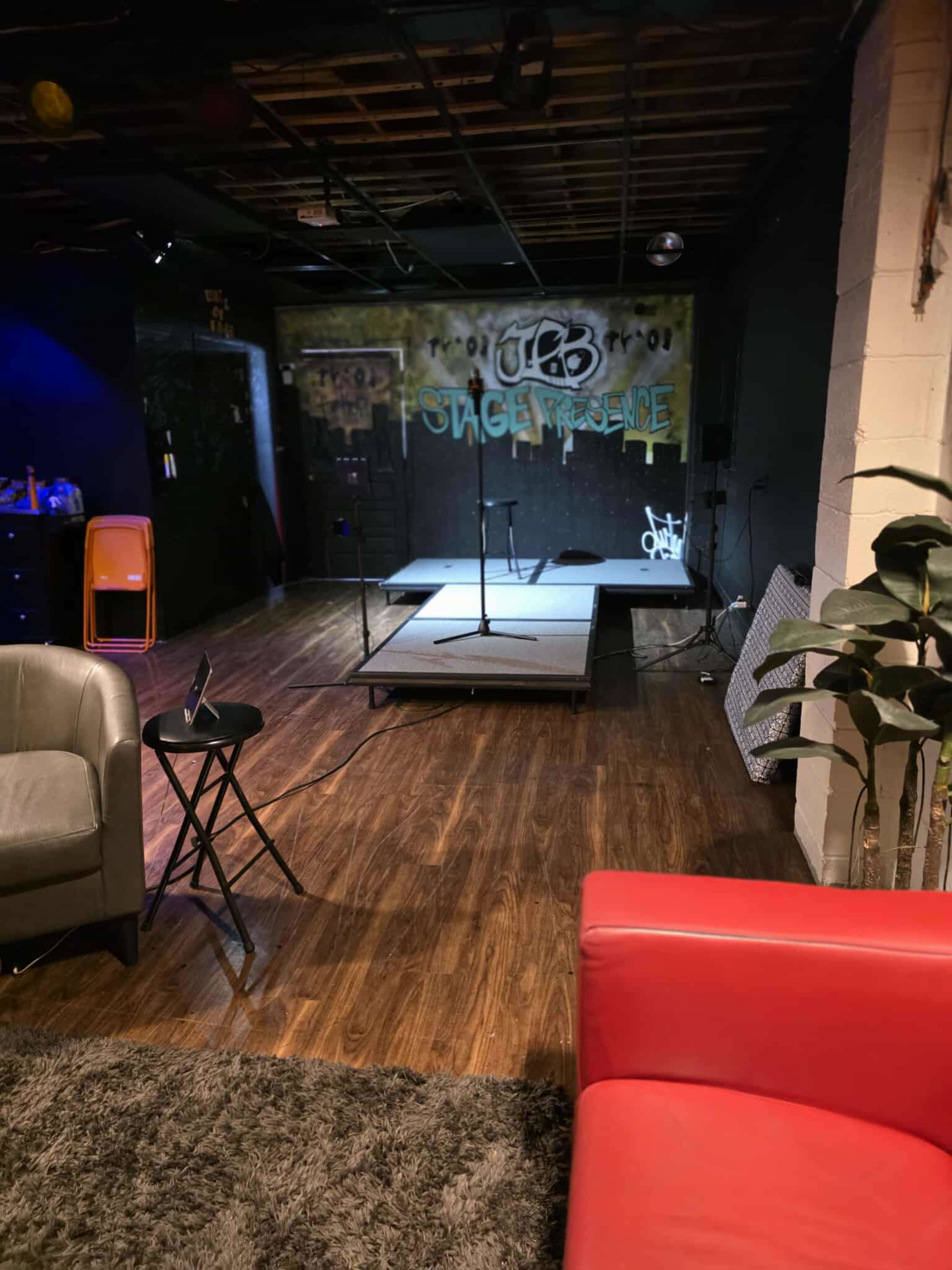 Loft, podcast studio with audience, small venue. Image in Swissvale, Pittsburgh, PA