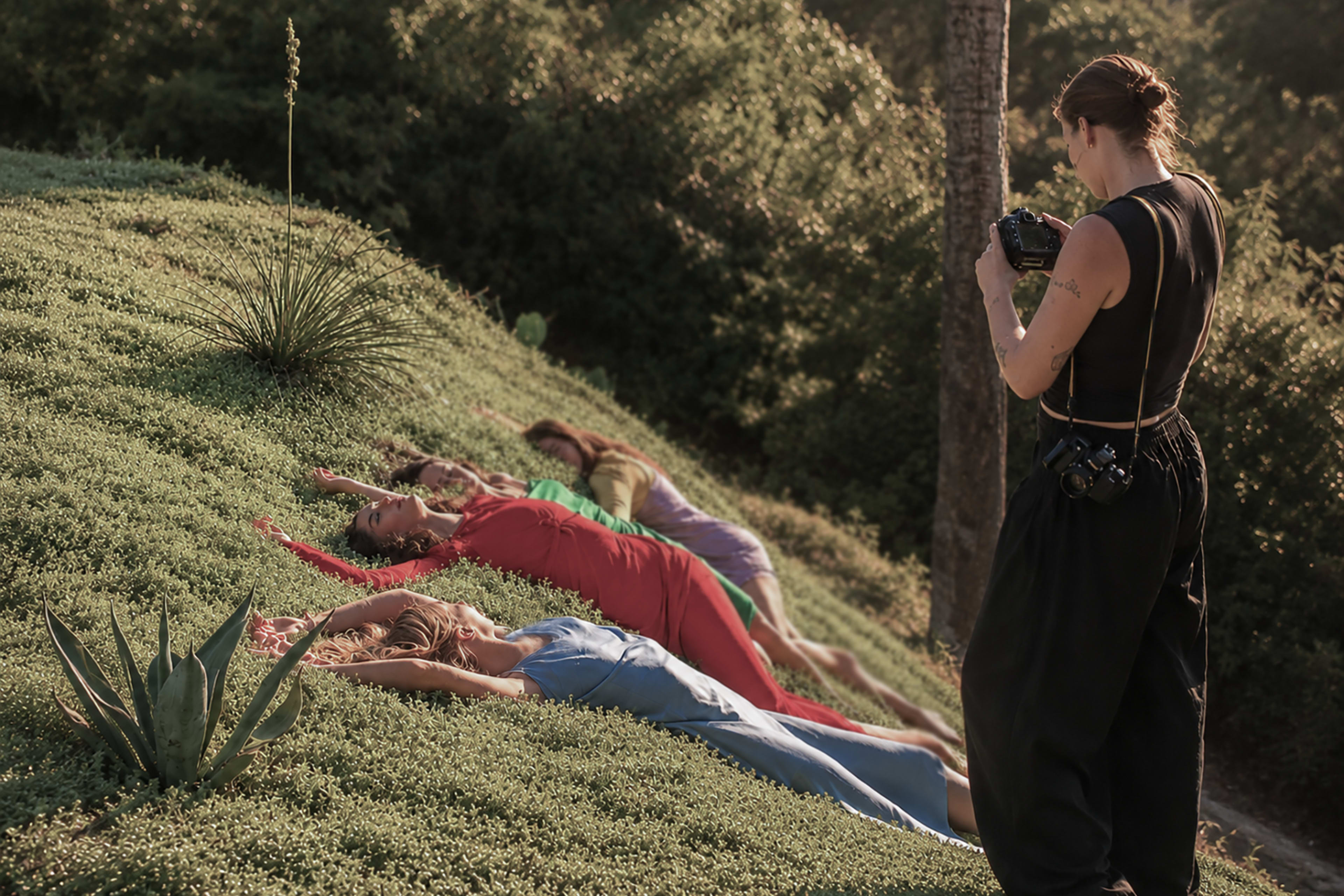 A photographer captures a group of models lying on a slope covered in green foliage under soft, natural light.