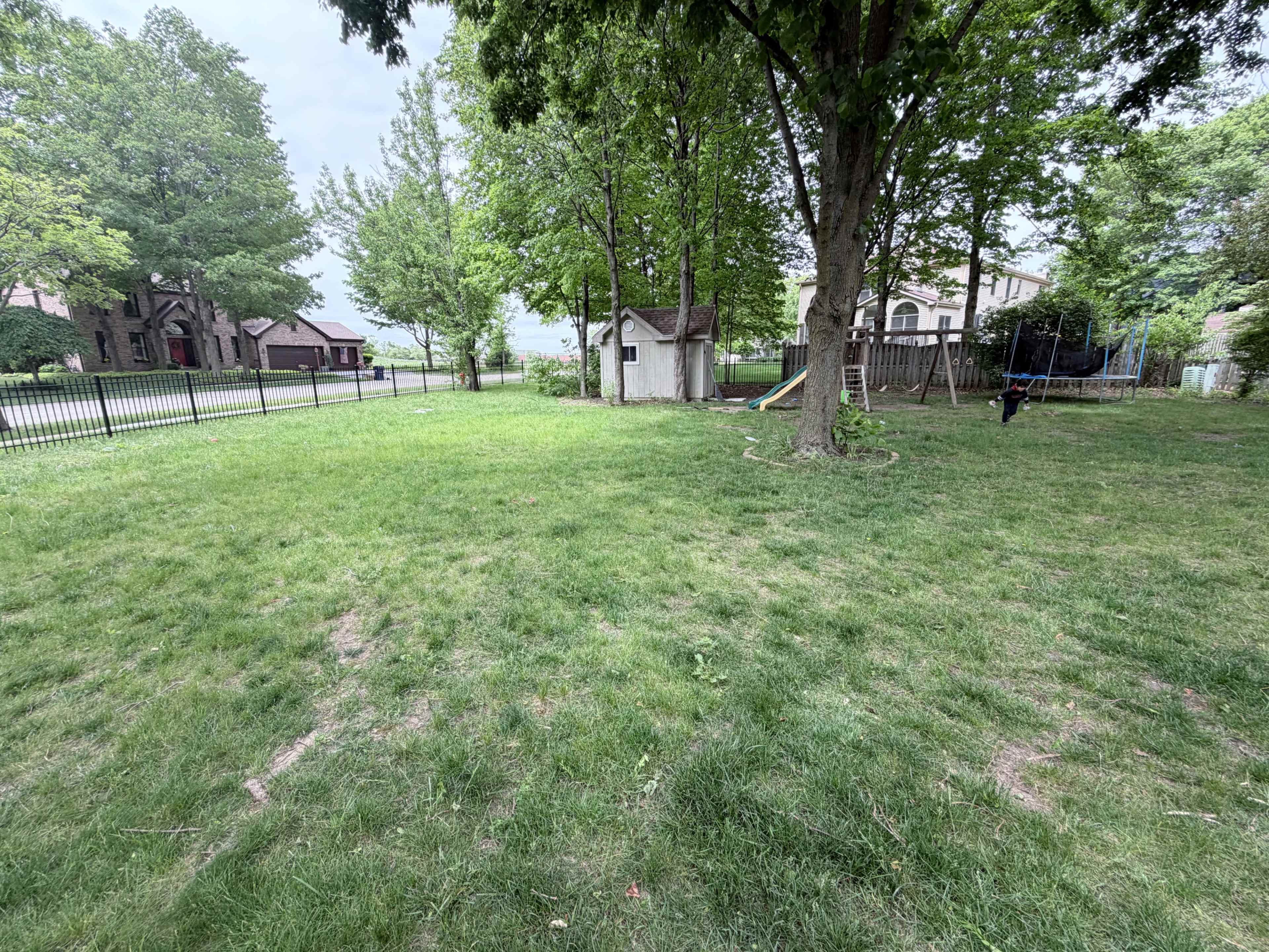 The image shows a spacious yard with grass, bordered by trees, containing a play structure and a small shed in the background.