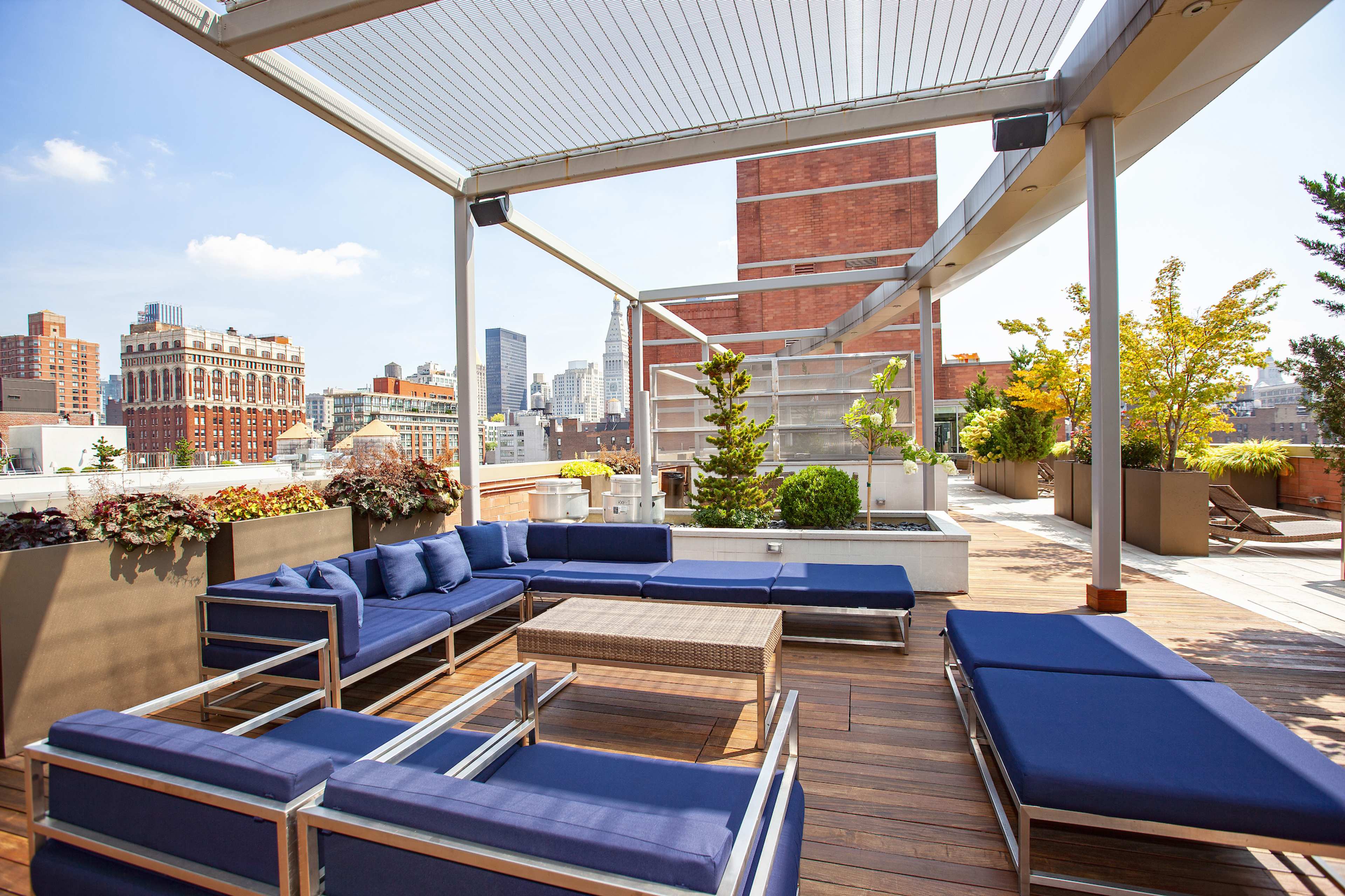 The image shows a modern rooftop terrace with blue lounge furniture, potted plants, and a wooden deck, set against a city skyline.