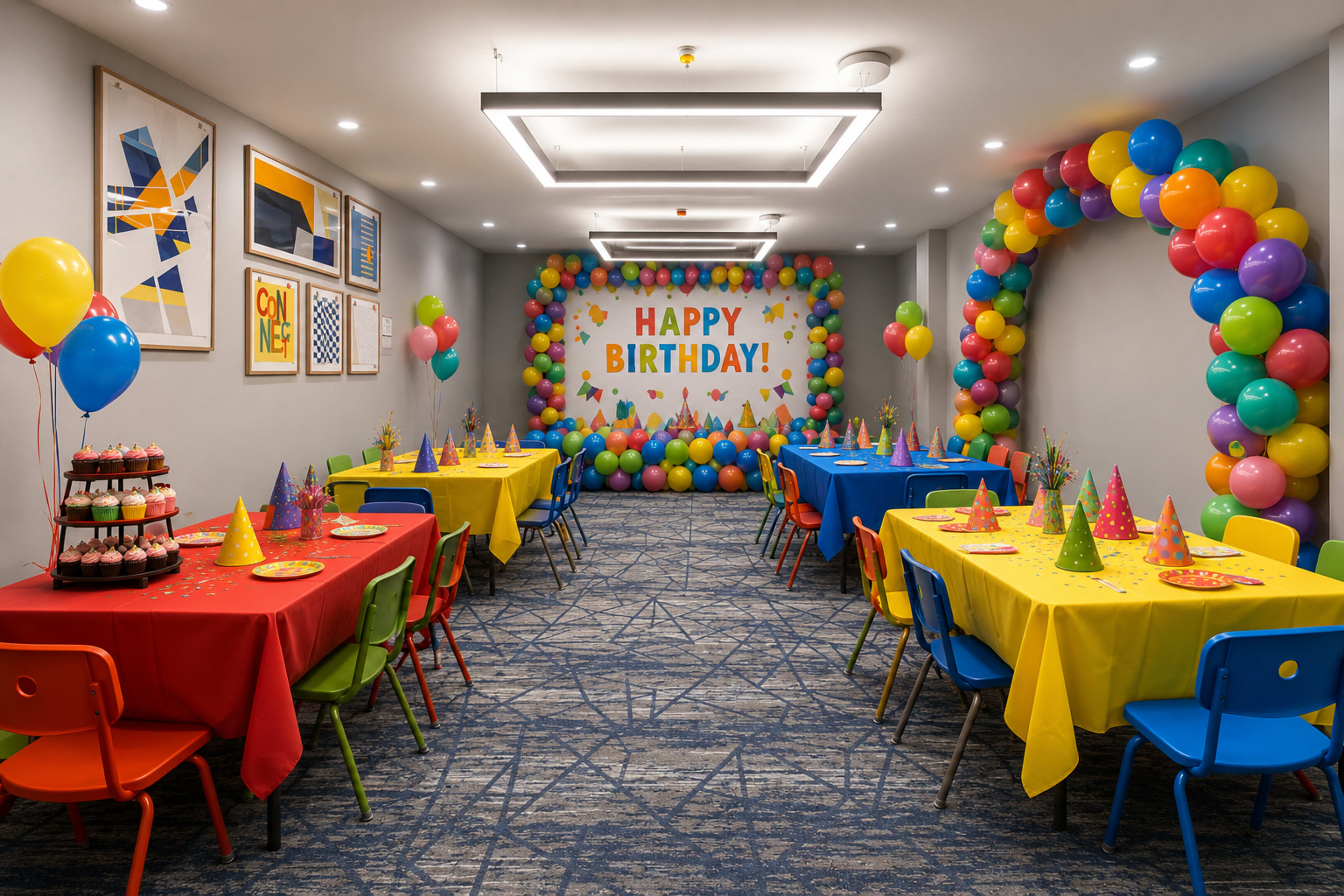 The image shows a decorated birthday party room with colorful tables, a "HAPPY BIRTHDAY!" banner, balloons, and cake displayed on a tiered stand.