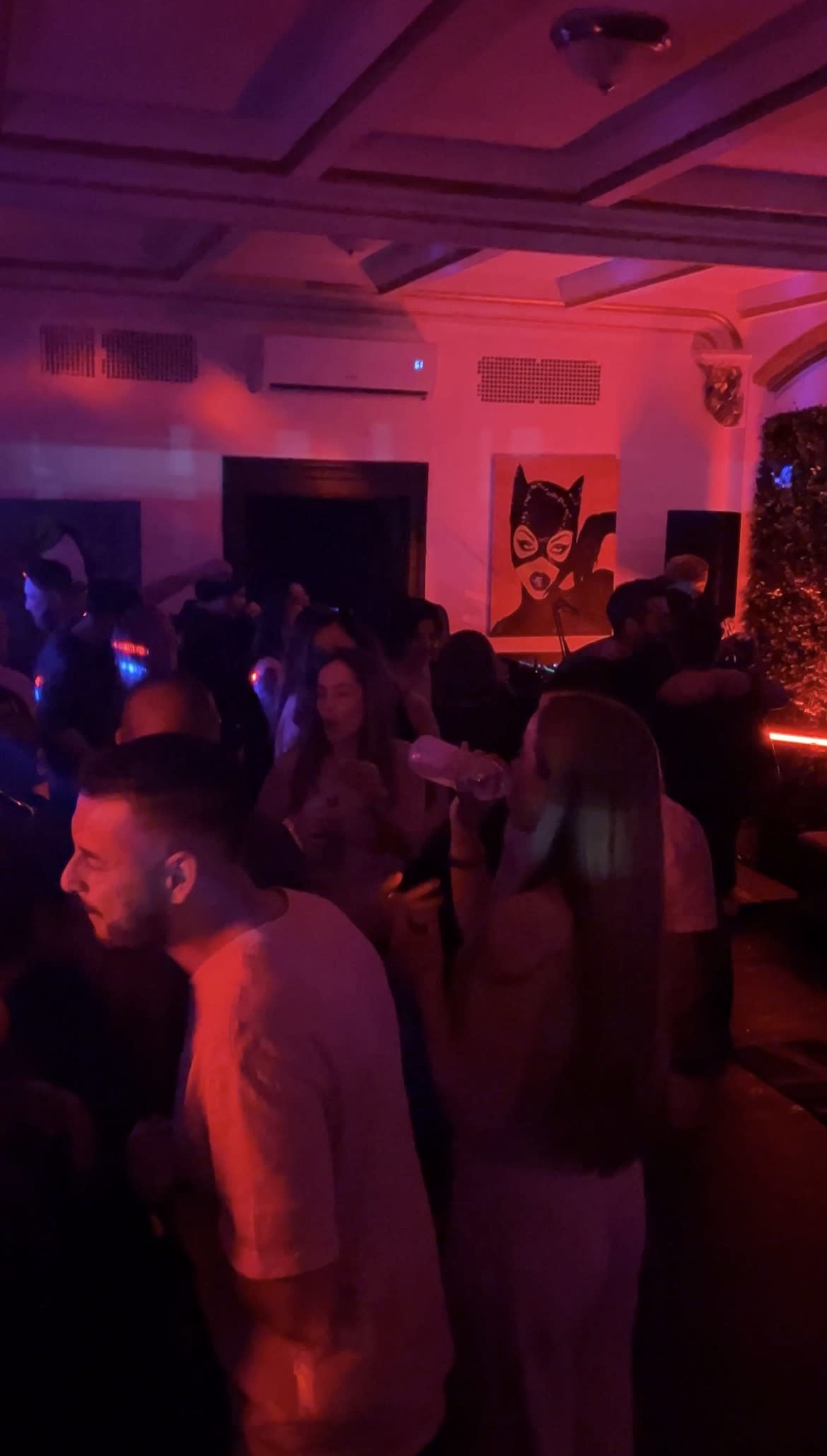 A crowded party scene is illuminated by red lights, with people dancing and socializing in an indoor venue.