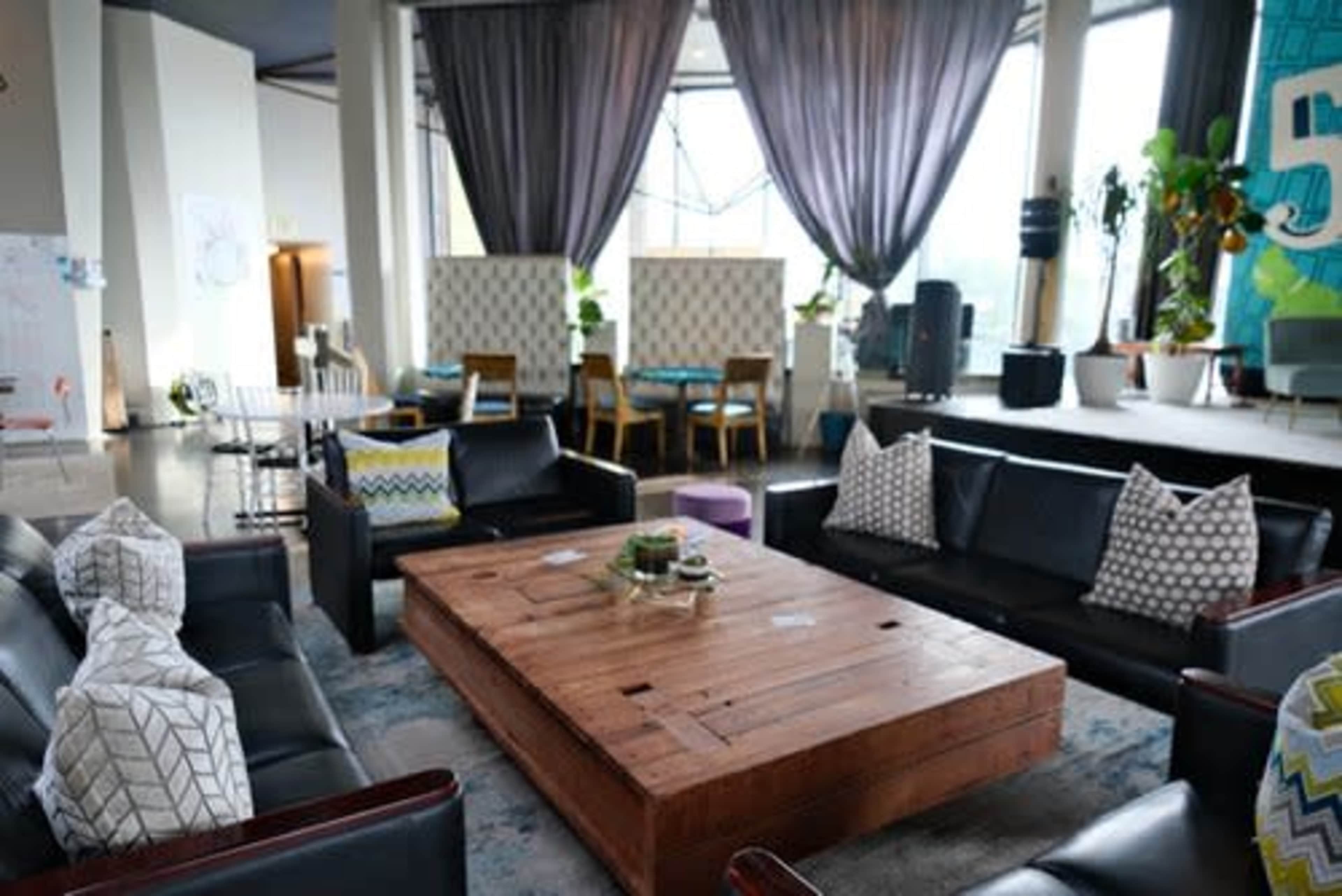 The image displays a modern lounge area with black leather sofas arranged around a wooden coffee table, surrounded by plants and large windows with curtains.