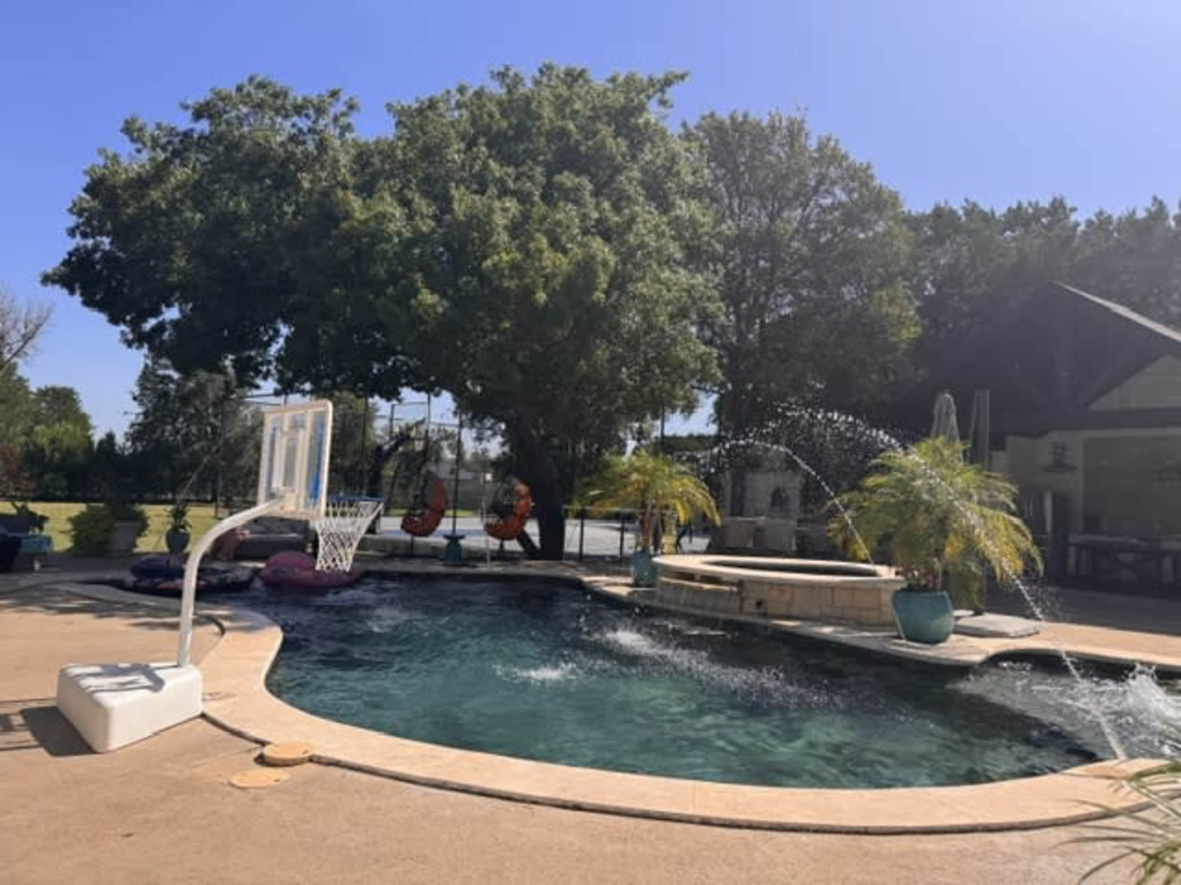 The image shows a backyard pool with a basketball hoop, surrounded by tropical plants and a large tree, featuring a small waterfall and multiple inflatable toys.
