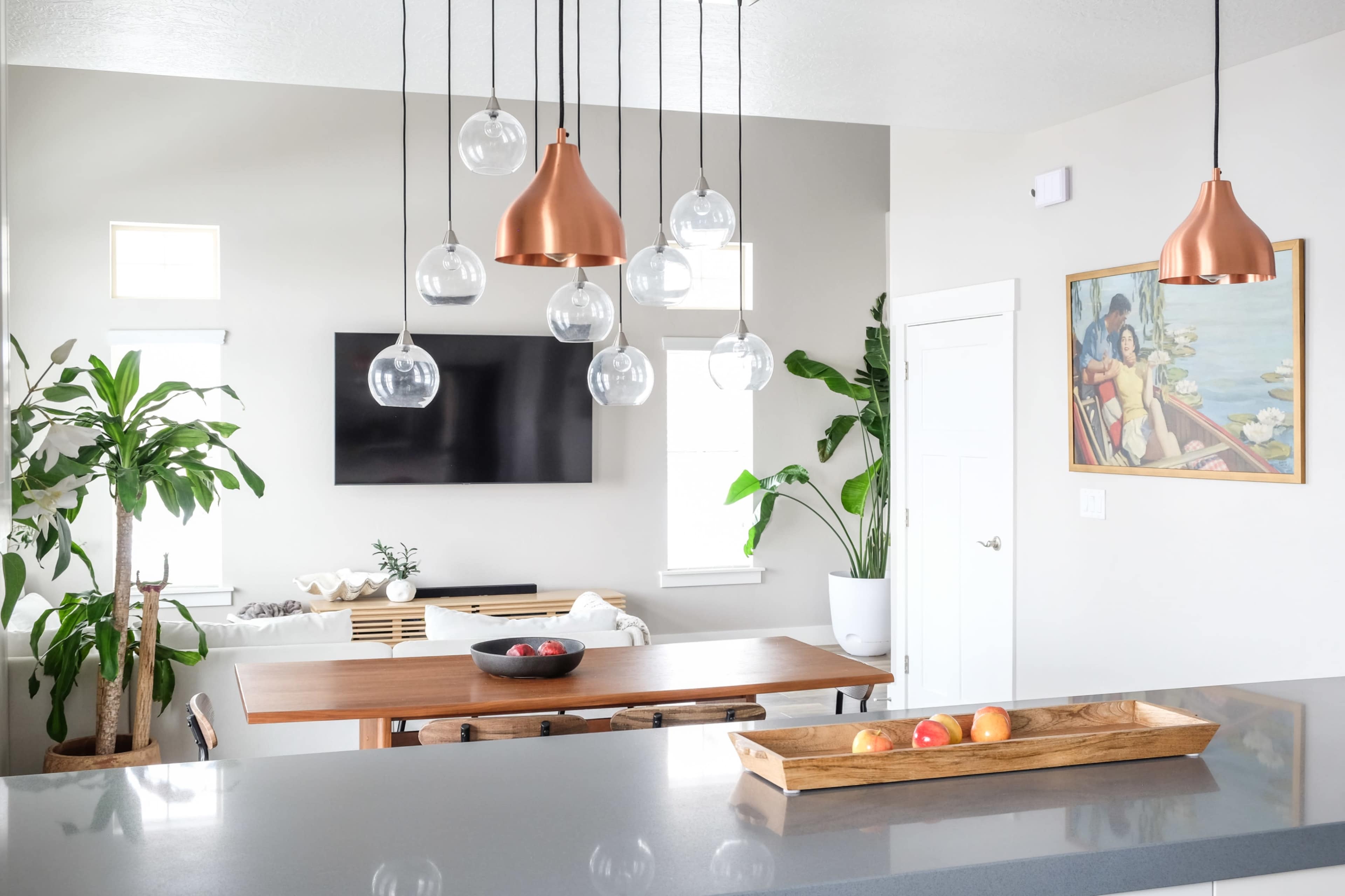 A modern open-concept living space features a dining table, pendant lights, a television mounted on the wall, and indoor plants.