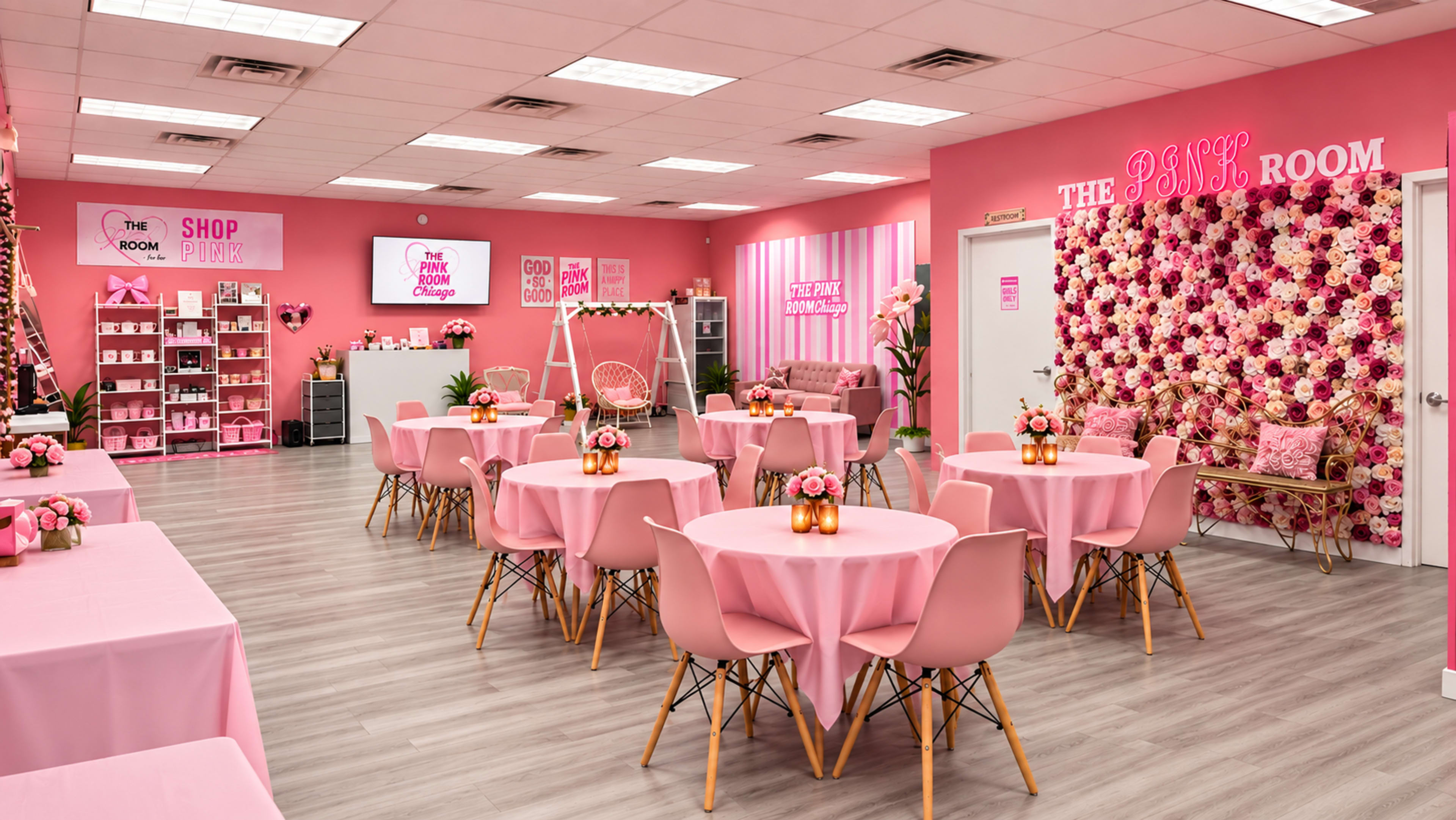 The image shows a brightly decorated pink-themed event space with round tables, chairs, and floral accents along the wall.