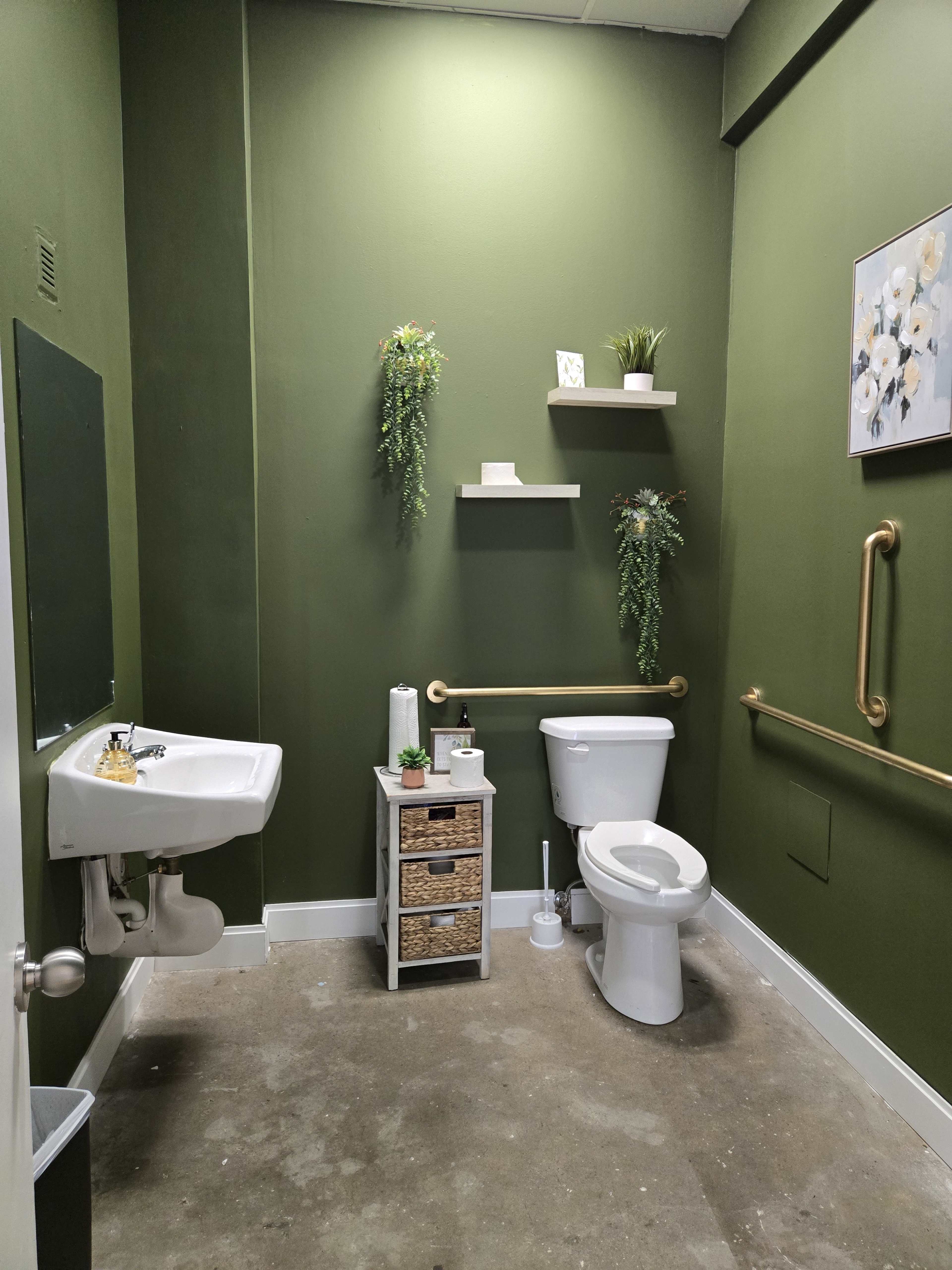 The image shows a bathroom with olive green walls, a white toilet, a small sink, and decorative shelves with plants.