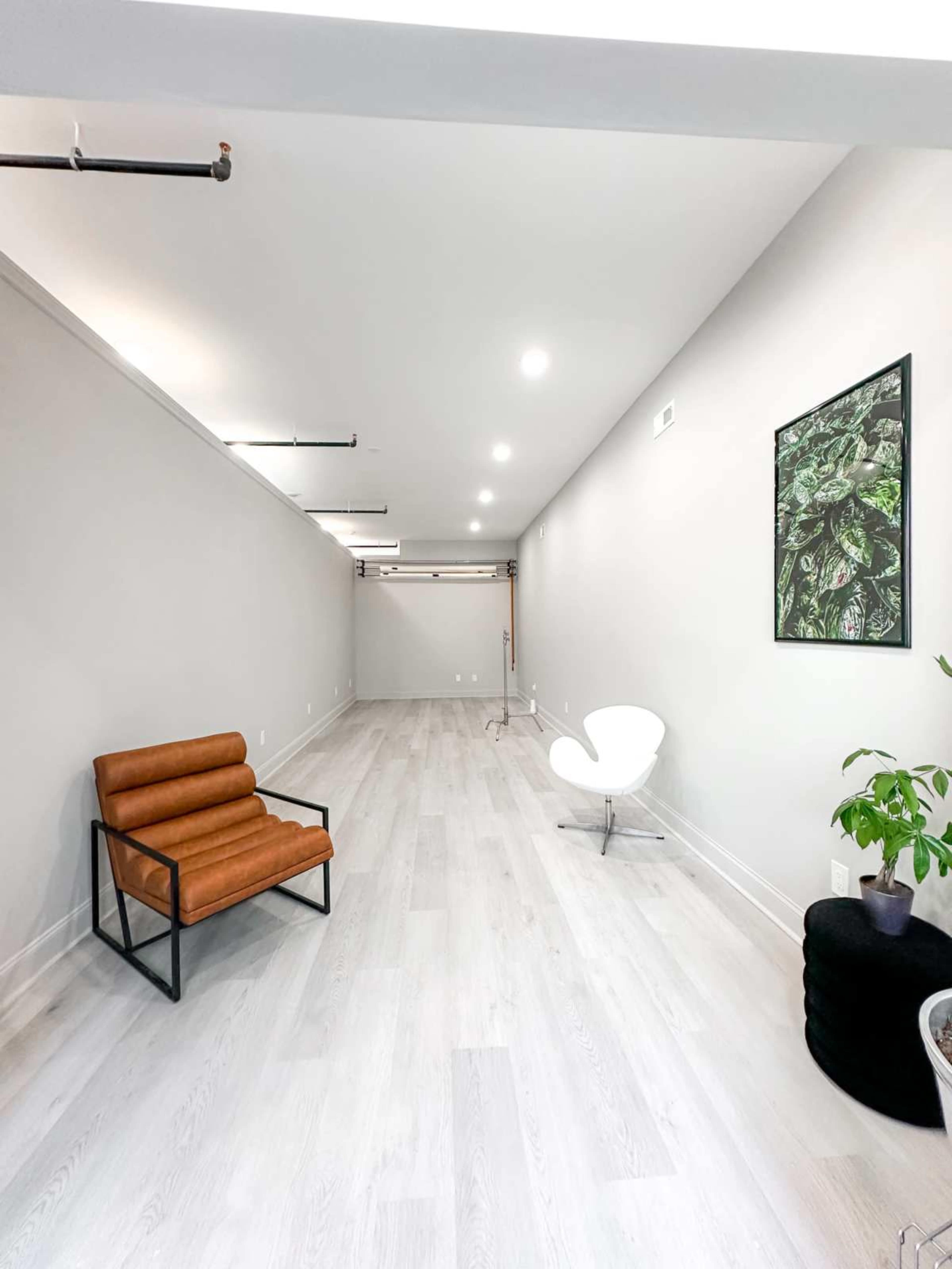 The image shows a minimalistic room with light wood flooring, featuring a brown chair, a white chair, and a green plant in the corner.