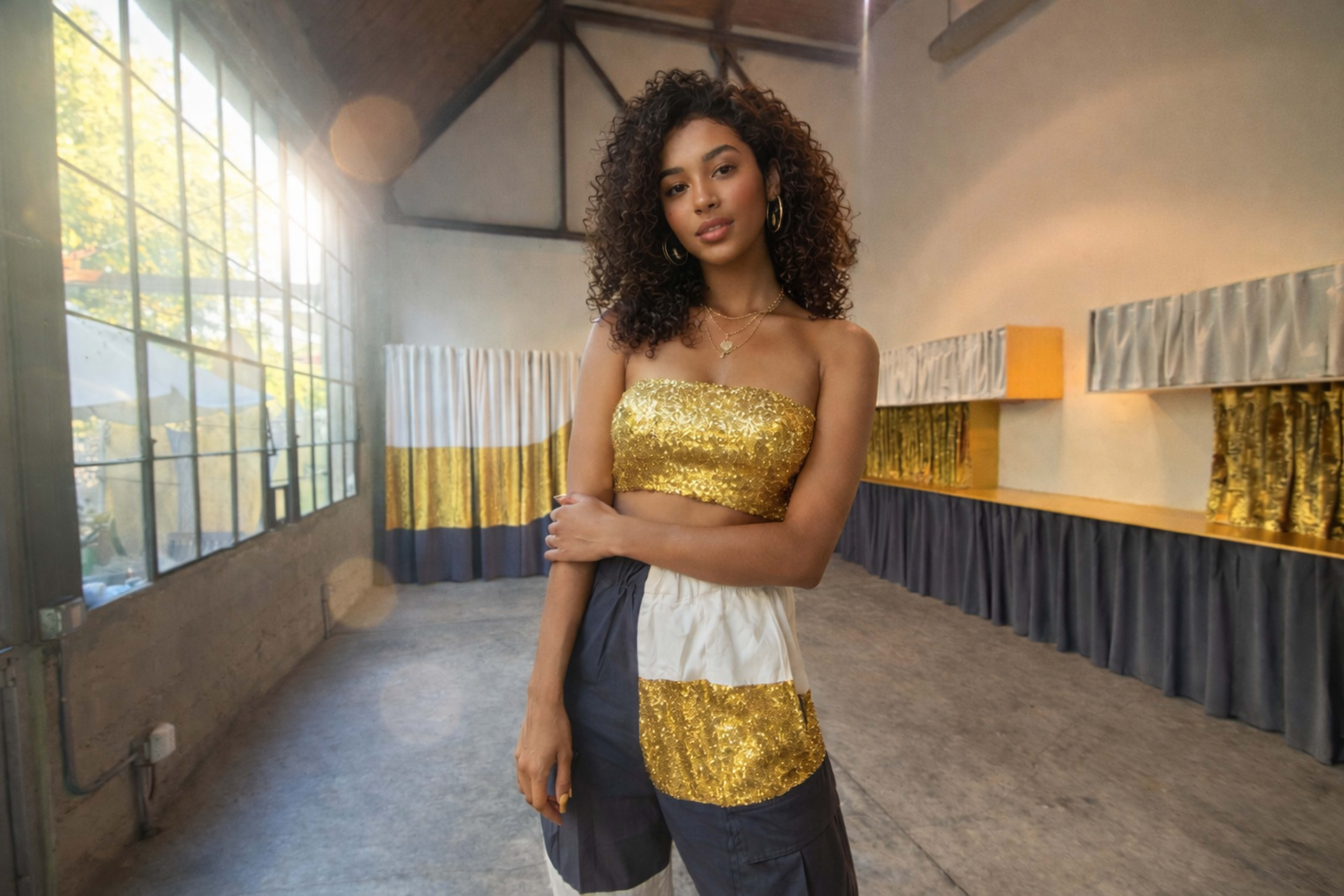 A young woman with curly hair stands confidently in a brightly lit room adorned with gold and silver decorations.