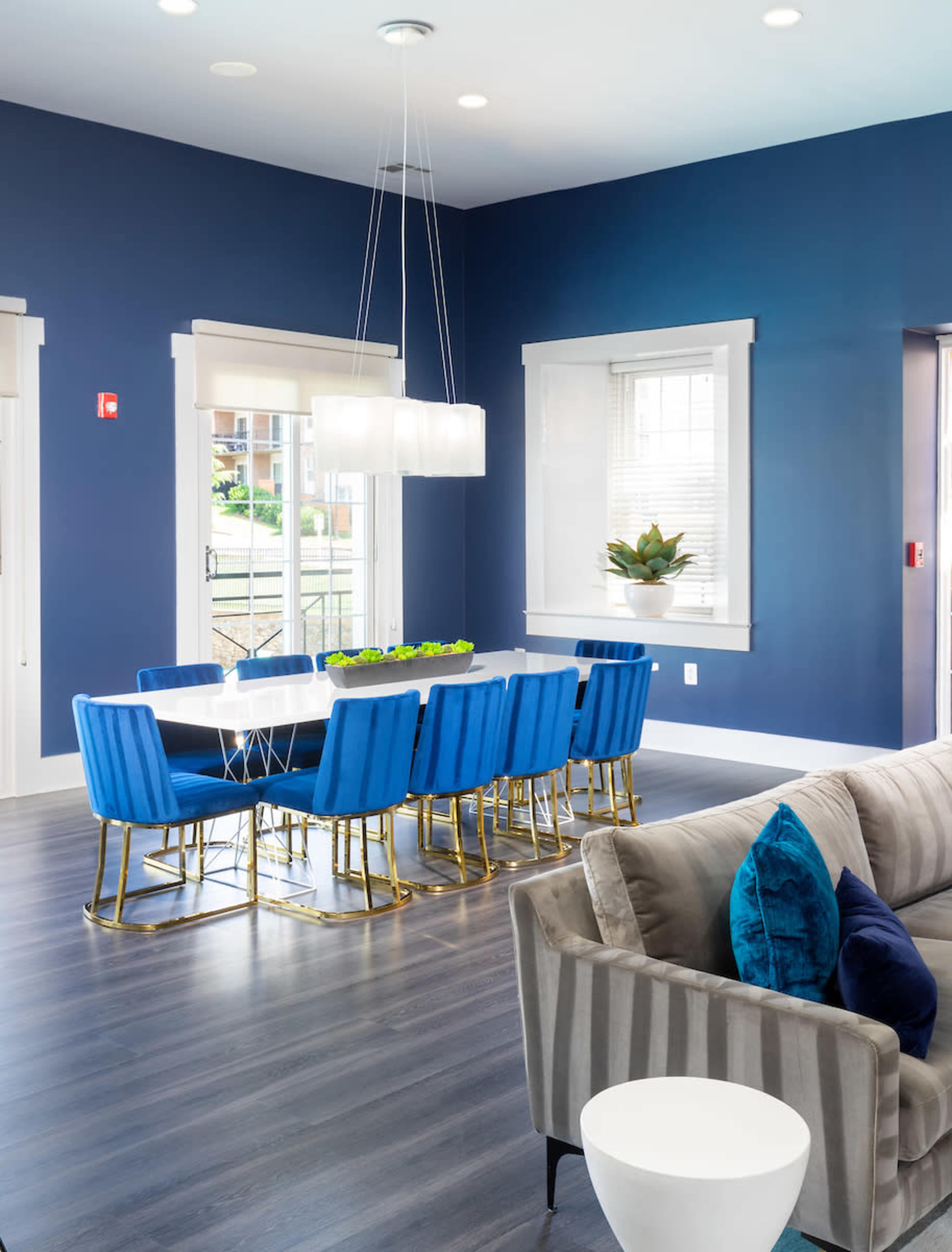A modern dining area features a blue wall, a white table with gold legs, and eight blue velvet chairs, alongside a gray sectional sofa and a potted plant on the window ledge.