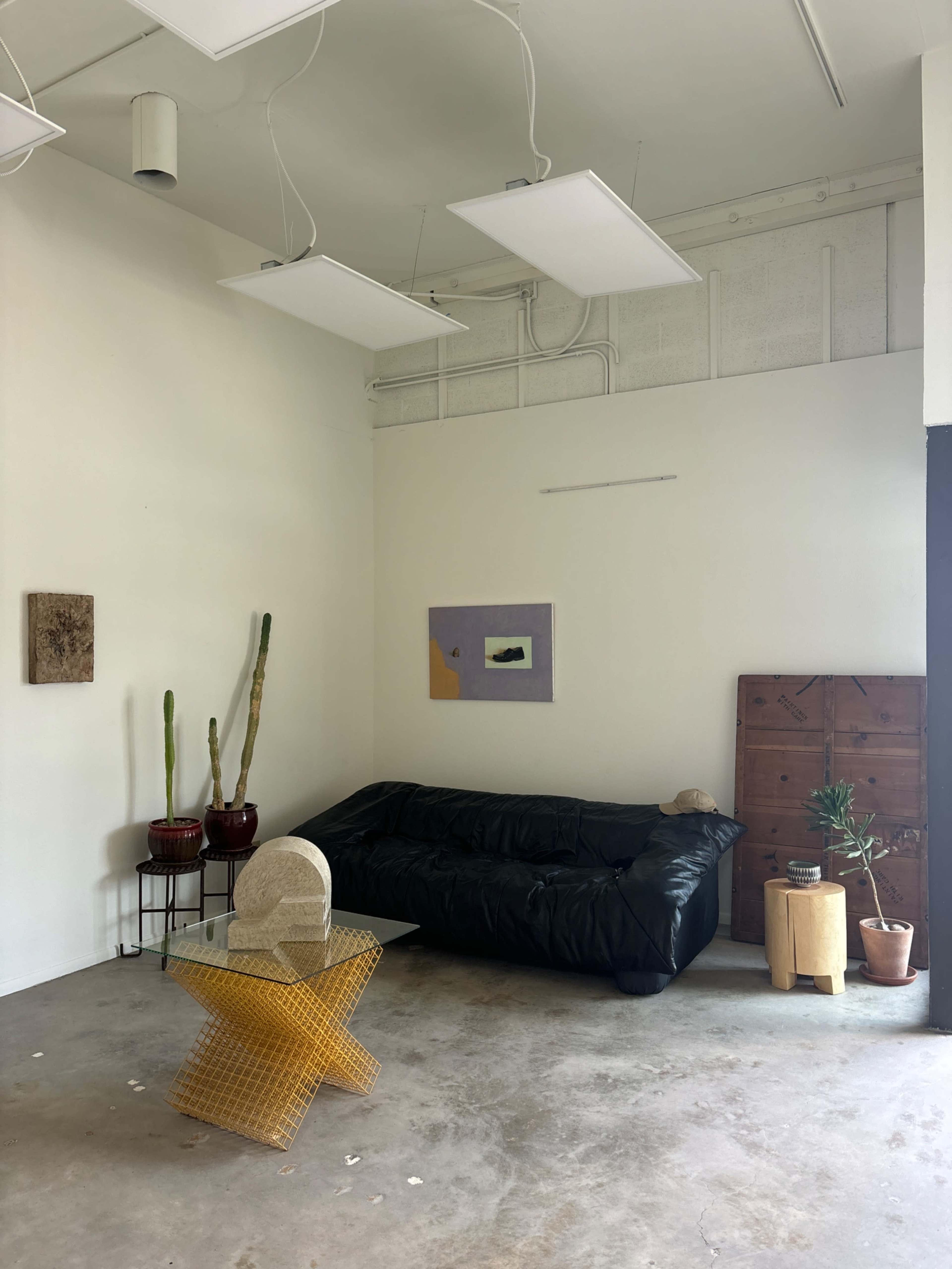 A minimalist interior space featuring a black sofa, wooden furniture, potted plants, and contemporary wall art.