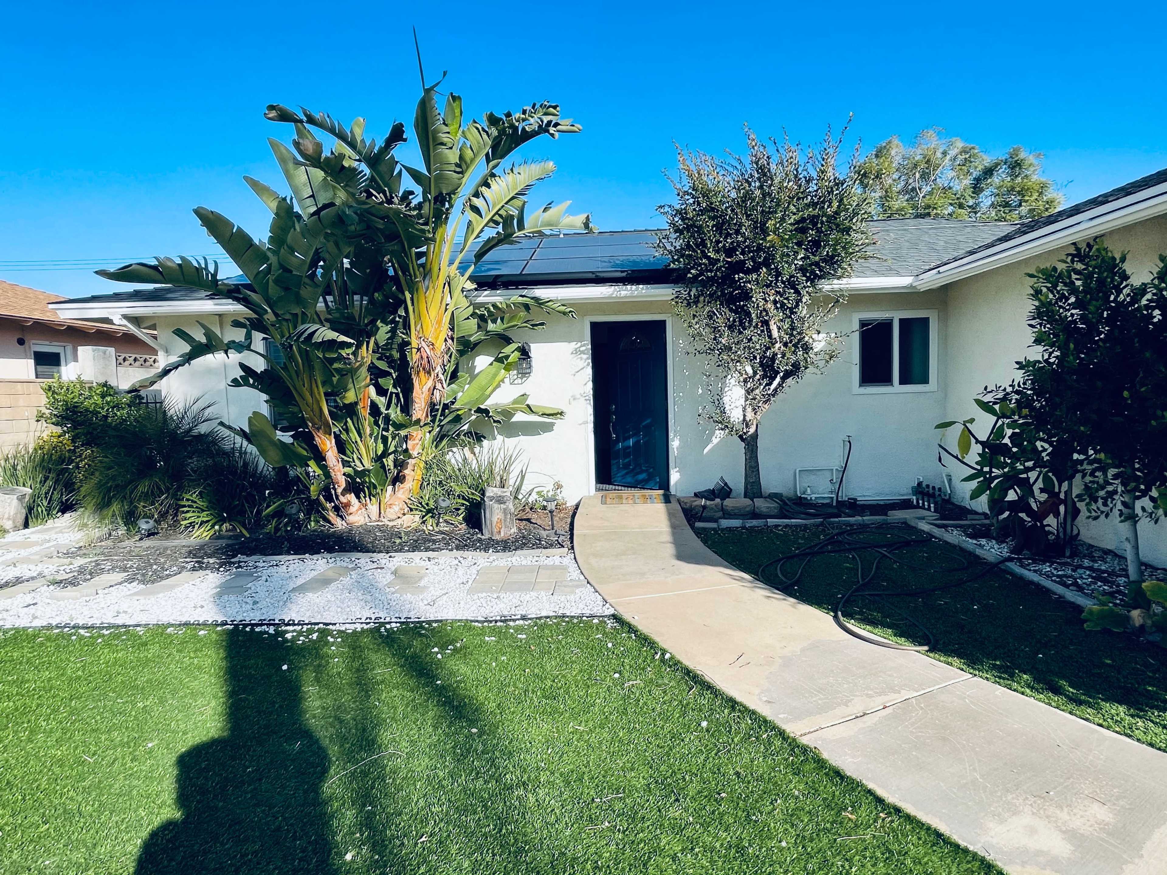 A walkway leads to the entrance of a home with a landscaped front yard featuring green grass, tropical plants, and a solar panel on the roof.