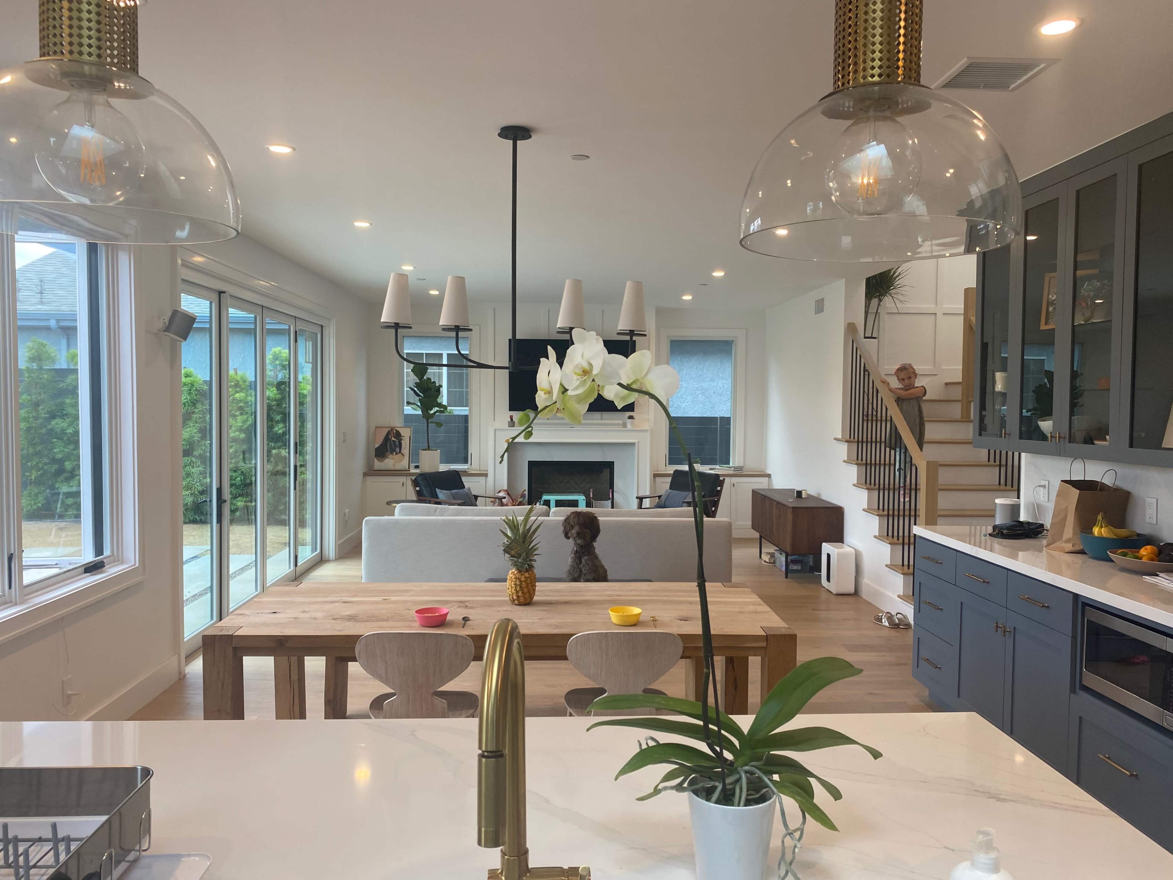 A modern kitchen opens to a bright living area with a sofa, a fireplace, and a staircase, while a small dog and plants are present in the space.