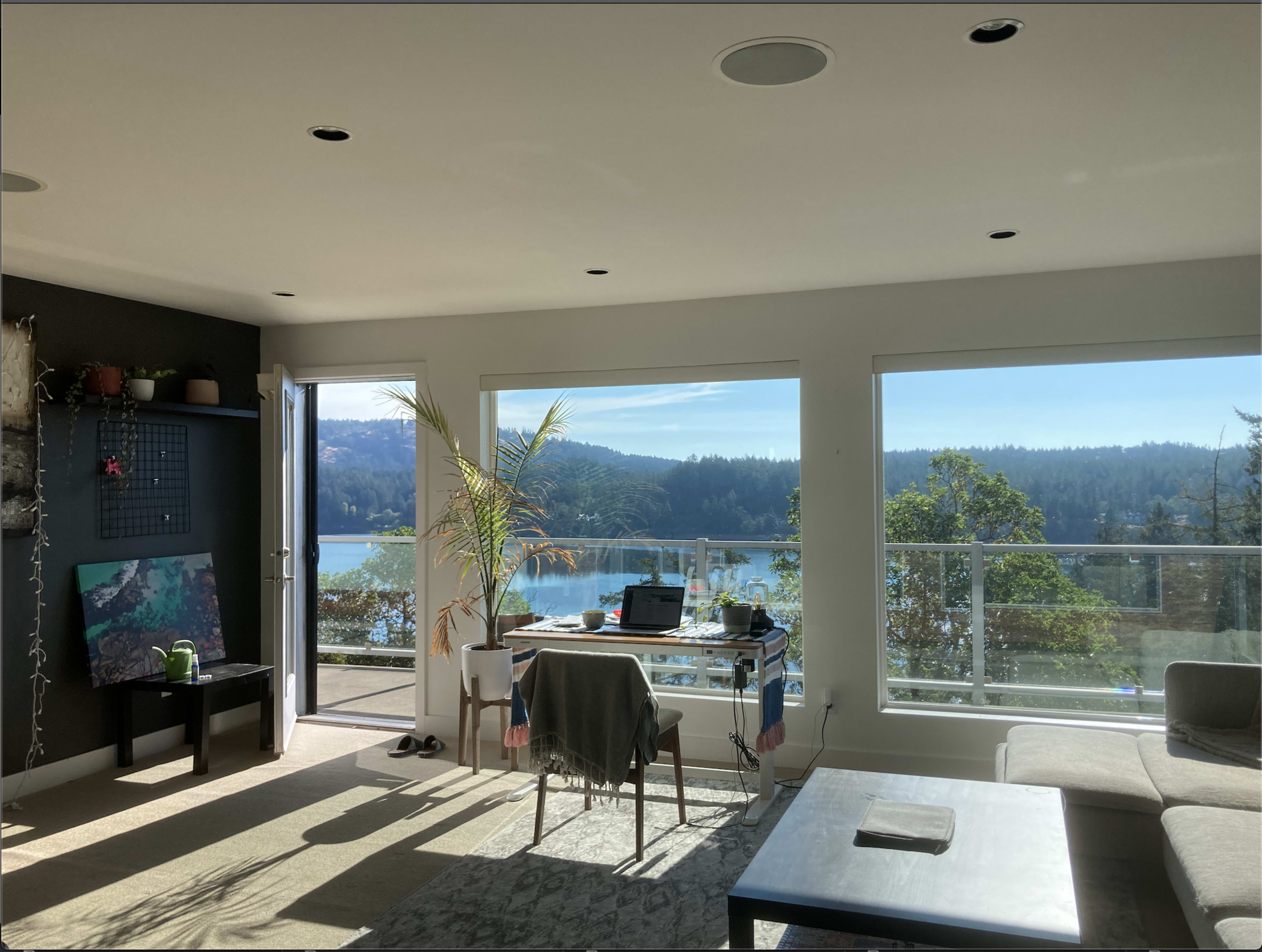 A bright room features large windows overlooking a tranquil lake, with a desk and a plant positioned near the view.