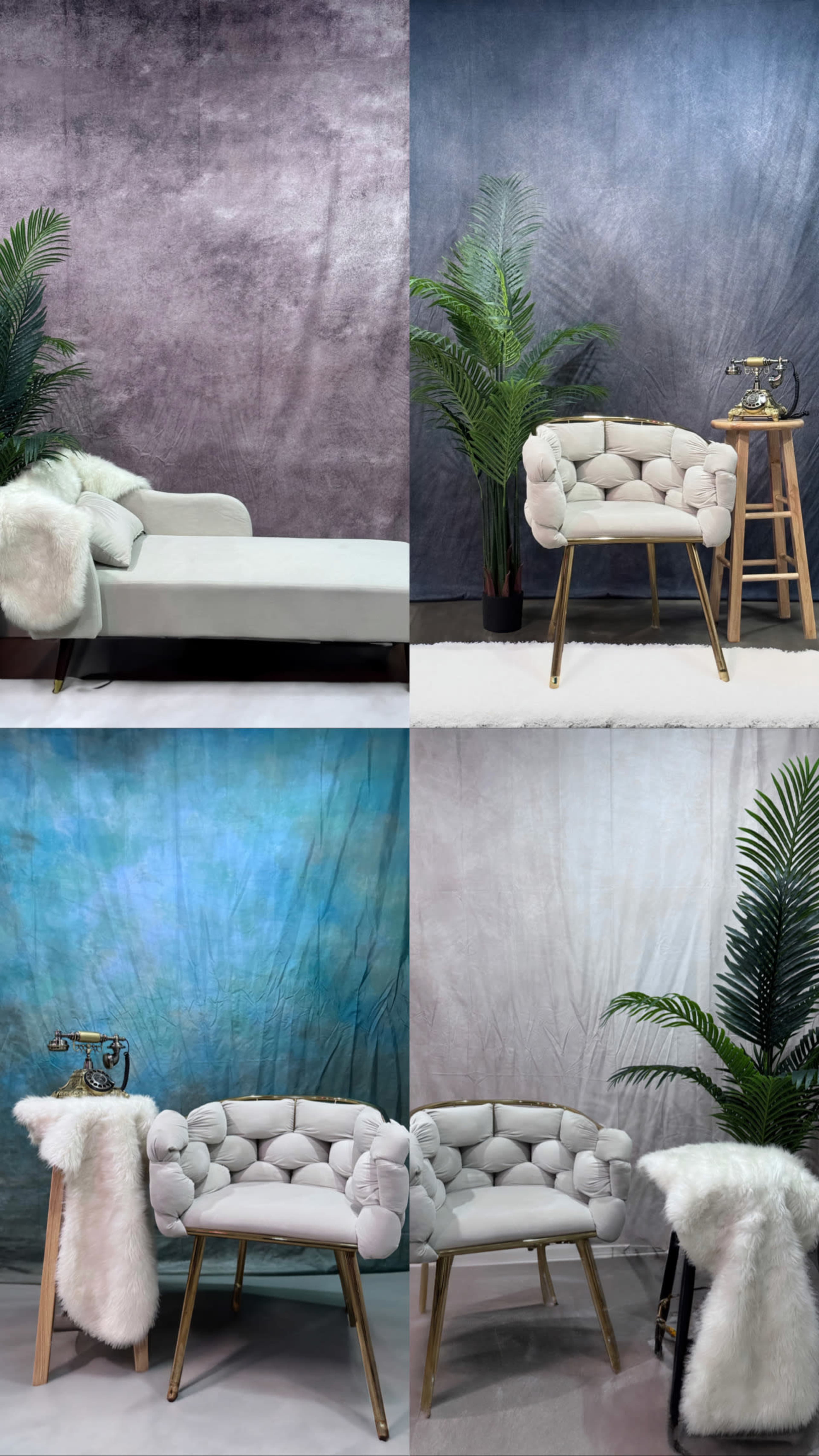 The image displays a collage of four setups featuring chairs and decorative backgrounds, with plants and textured throws arranged in various configurations.