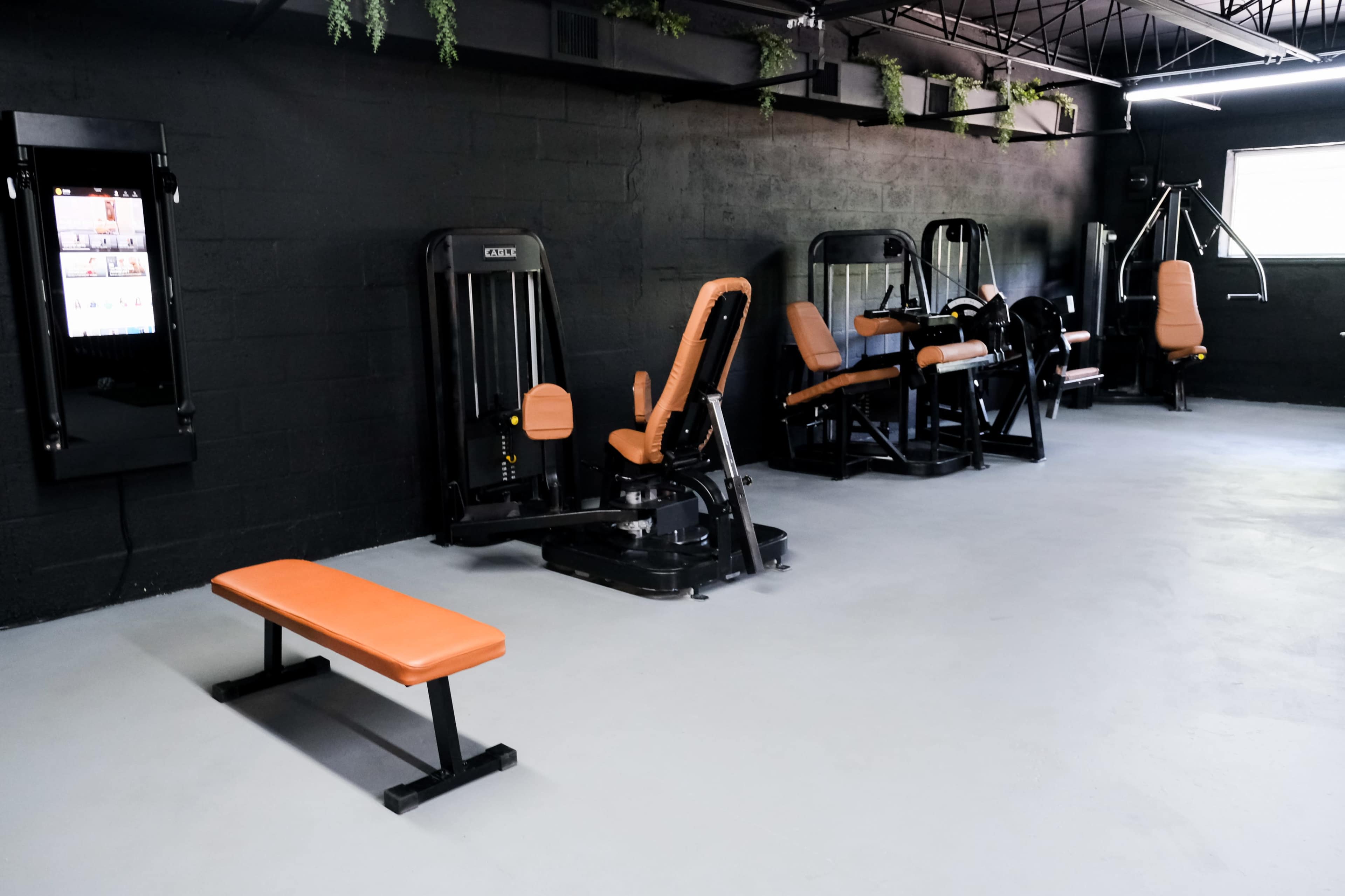 The image shows a modern gym space featuring various workout machines and a bench against a black wall.