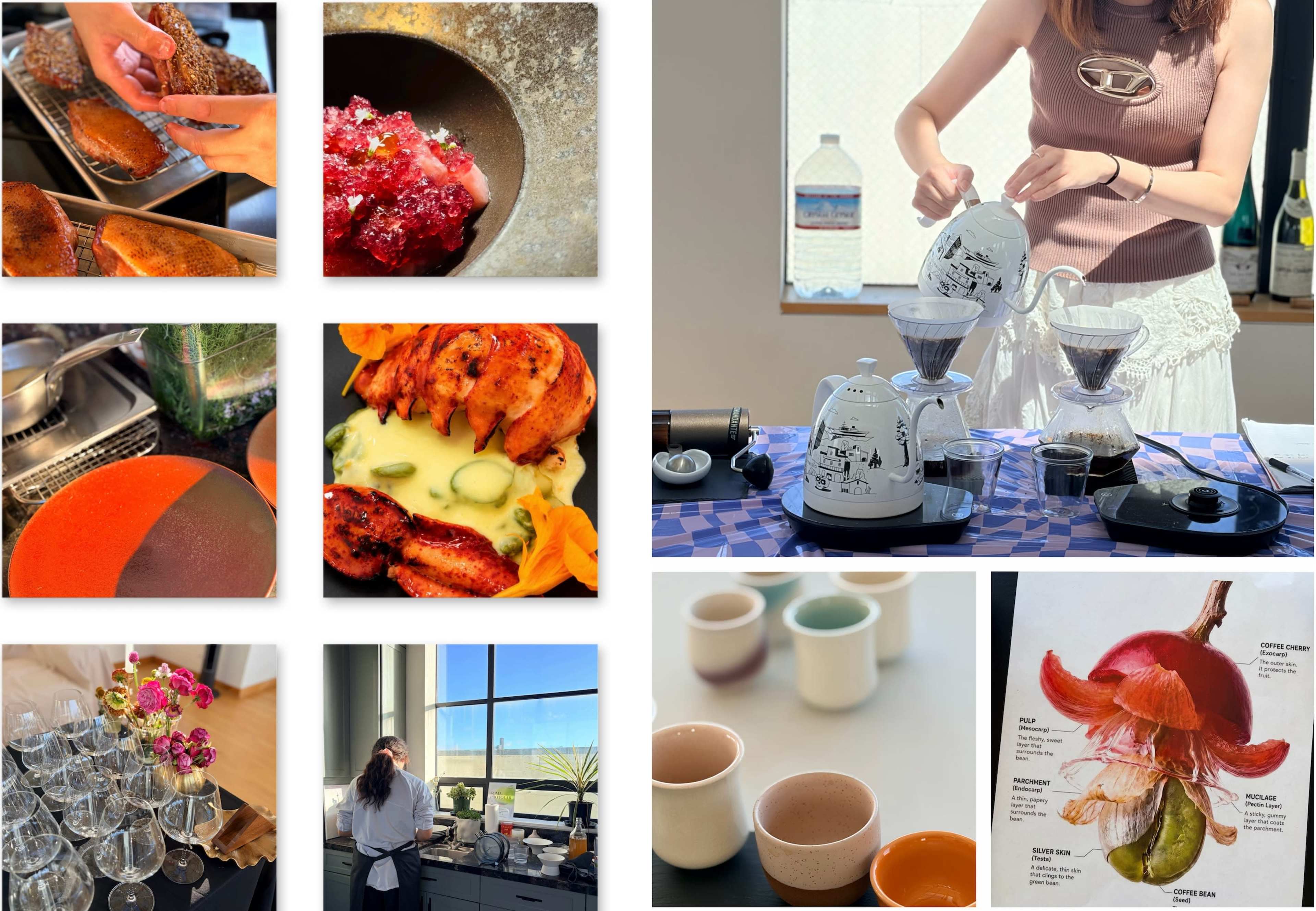 The image features a collage of food preparation, drink brewing, and table settings, including hands cooking, colorful dishes, various types of drinkware, and a floral illustration.