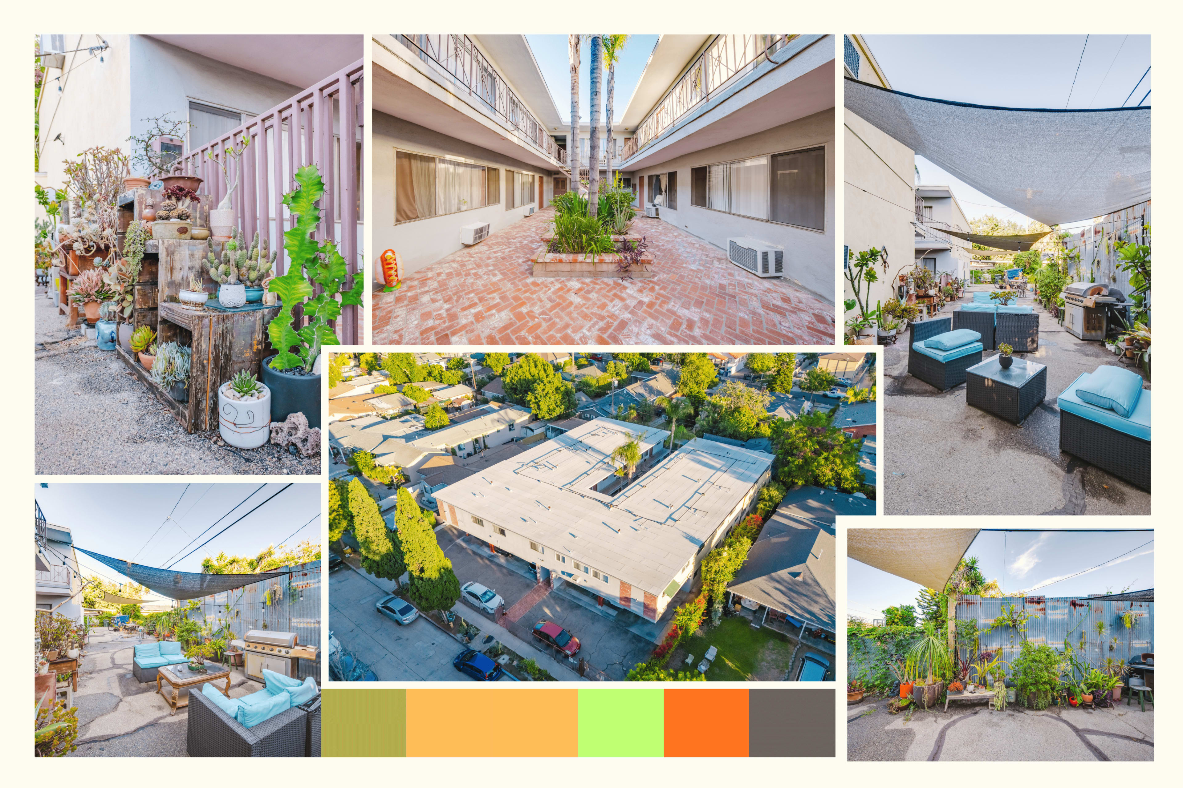 The image showcases a courtyard of an apartment complex, featuring various plants and seating areas, surrounded by multiple buildings.