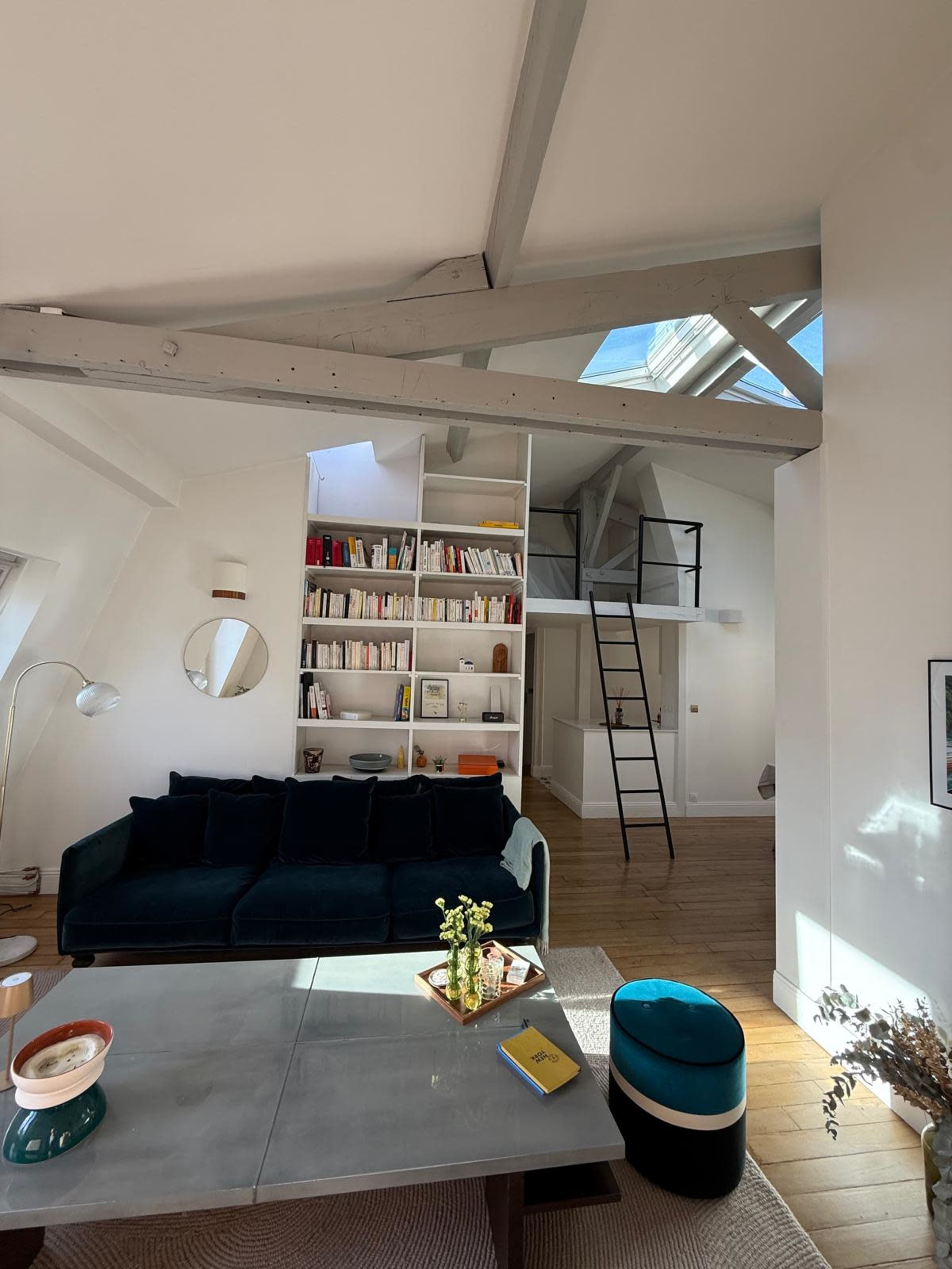 The image shows a modern living room with a dark sofa, a coffee table, a bookshelf filled with books, and a ladder leading to a loft area under a skylight.