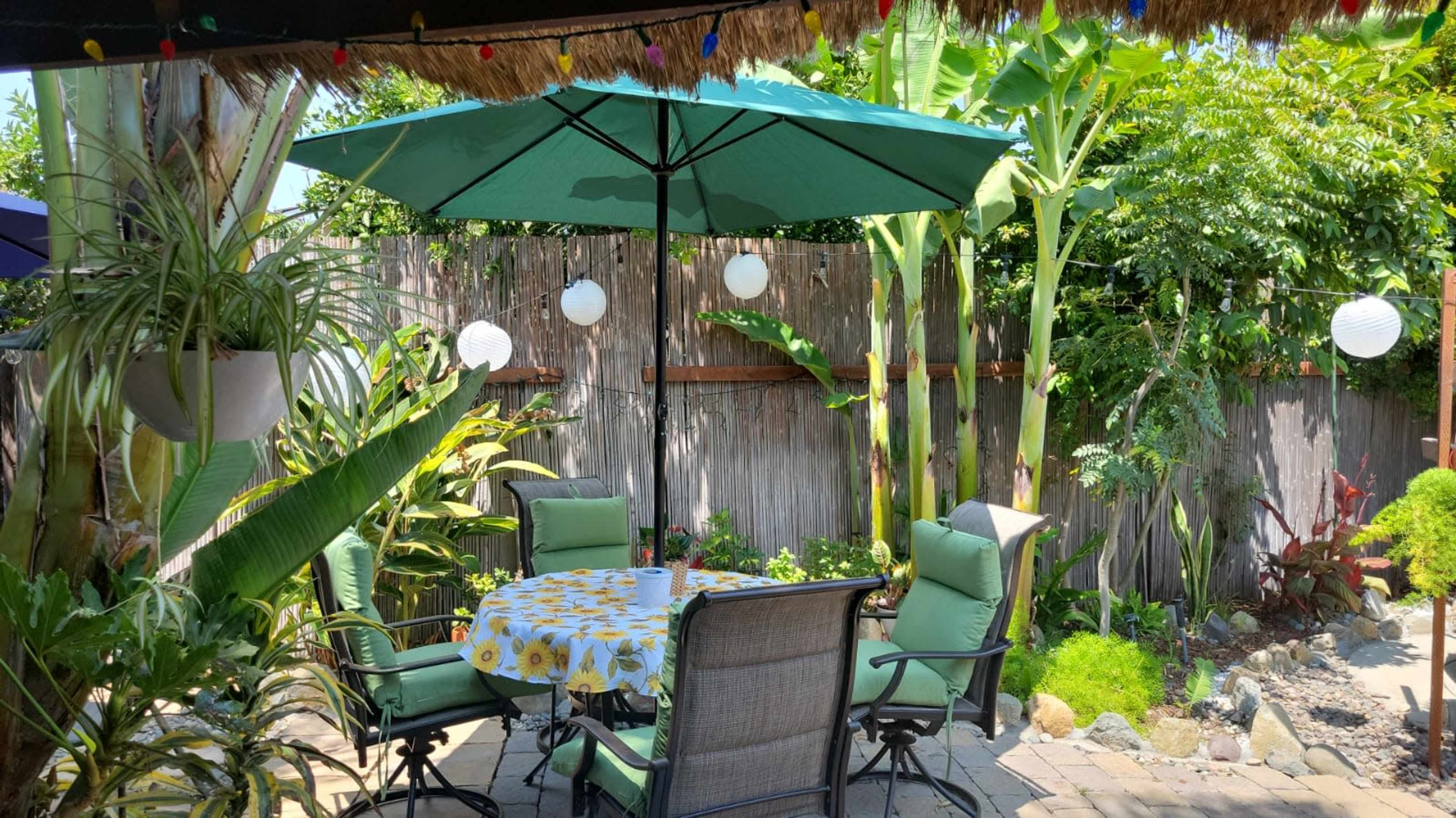 A shaded patio with a round table and four chairs surrounded by tropical plants and decorative lanterns.
