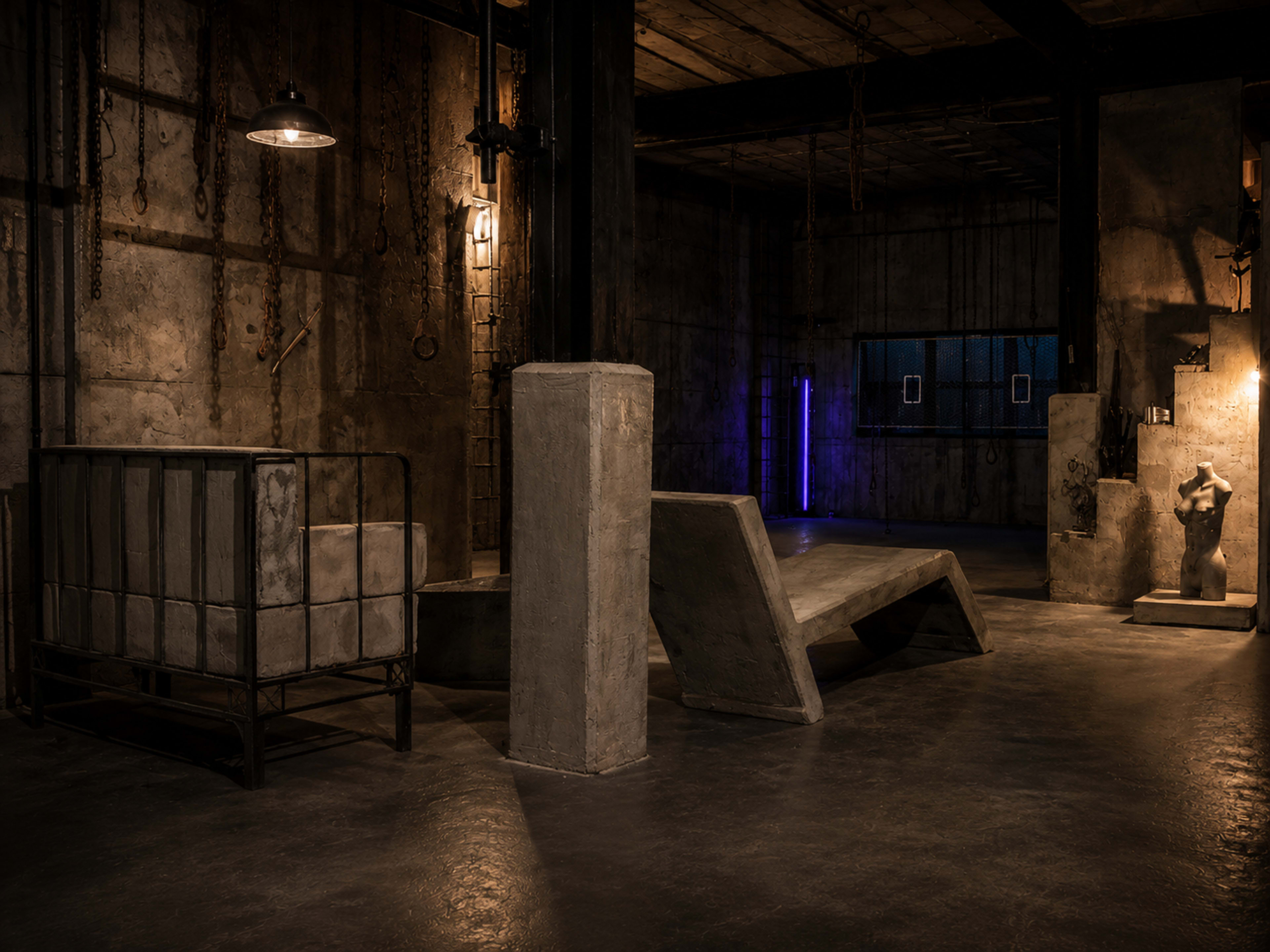 The image shows a dimly lit industrial room with concrete furniture, including a bed and a low table, against a textured wall.
