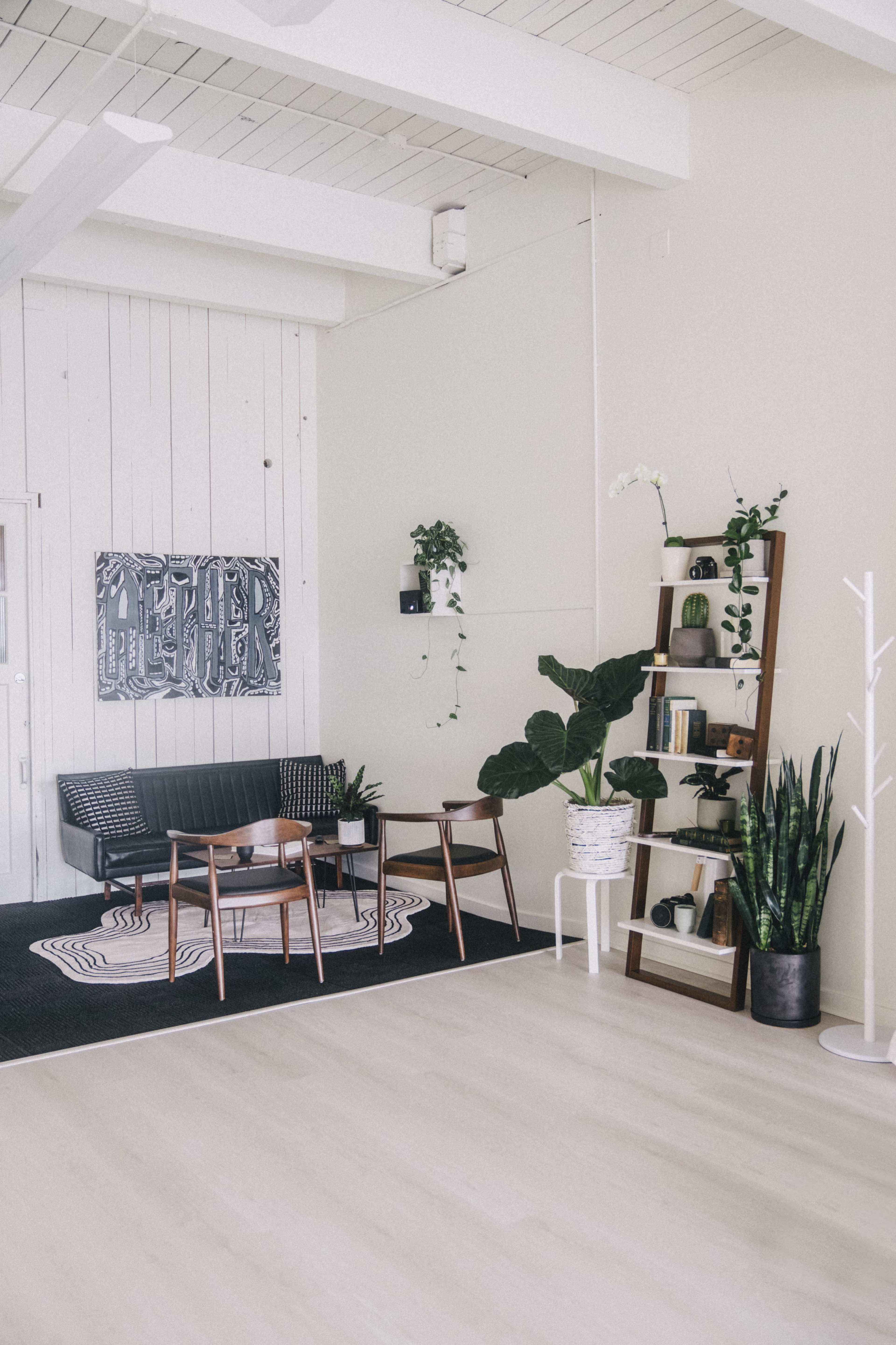 A modern living room with a black sofa, wooden chairs, a multi-tiered bookshelf, and various plants against a light-colored wall.