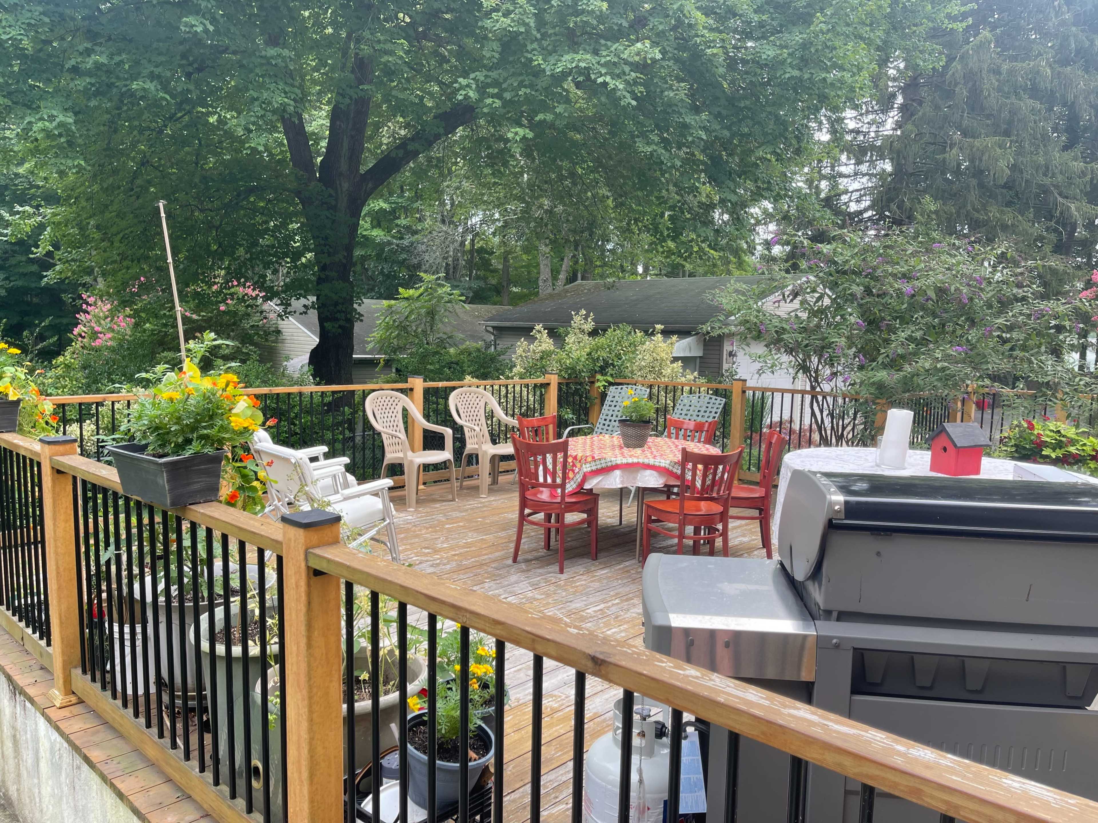 A wooden deck features a table and chairs surrounded by potted plants and a grill, with trees and houses in the background.