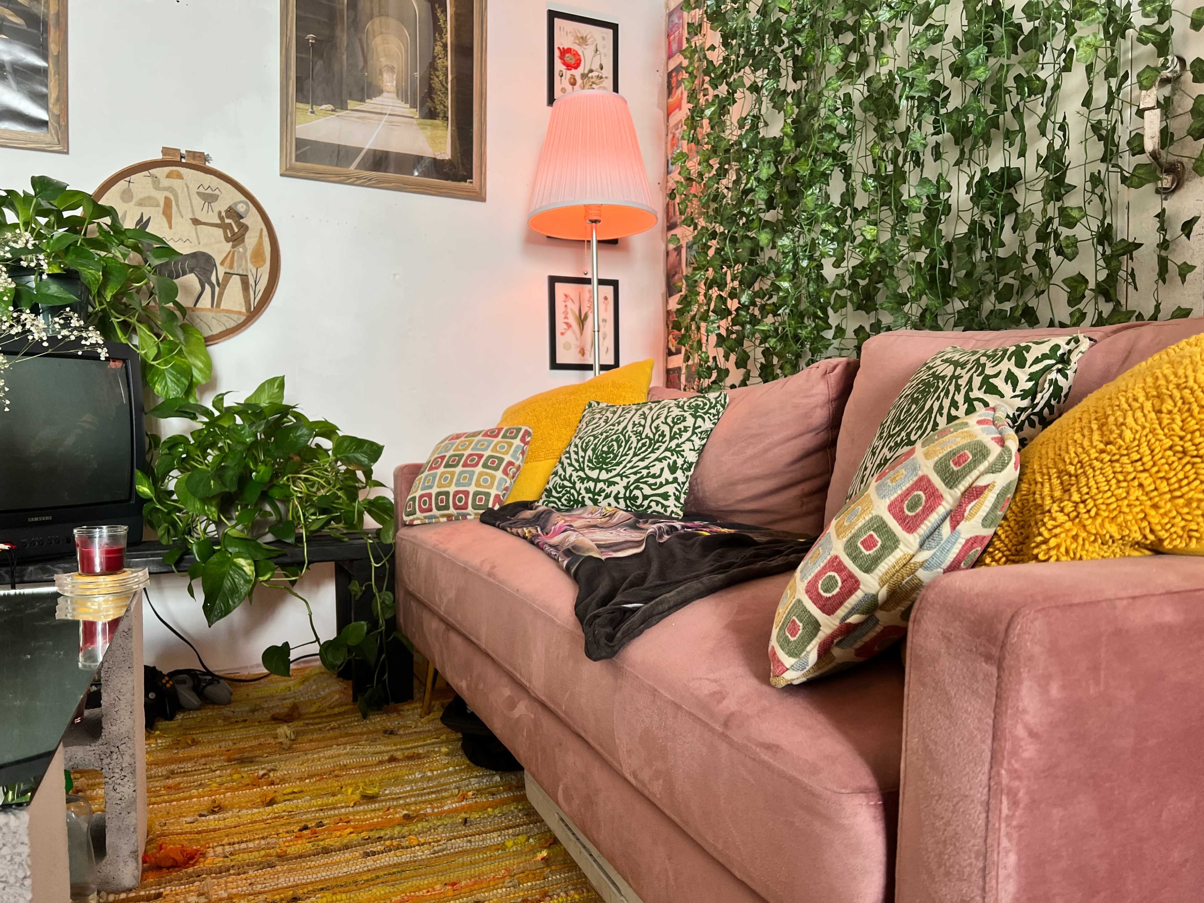The scene features a pink couch adorned with colorful throw pillows, situated in a room with a lamp, plants, and wall decorations.