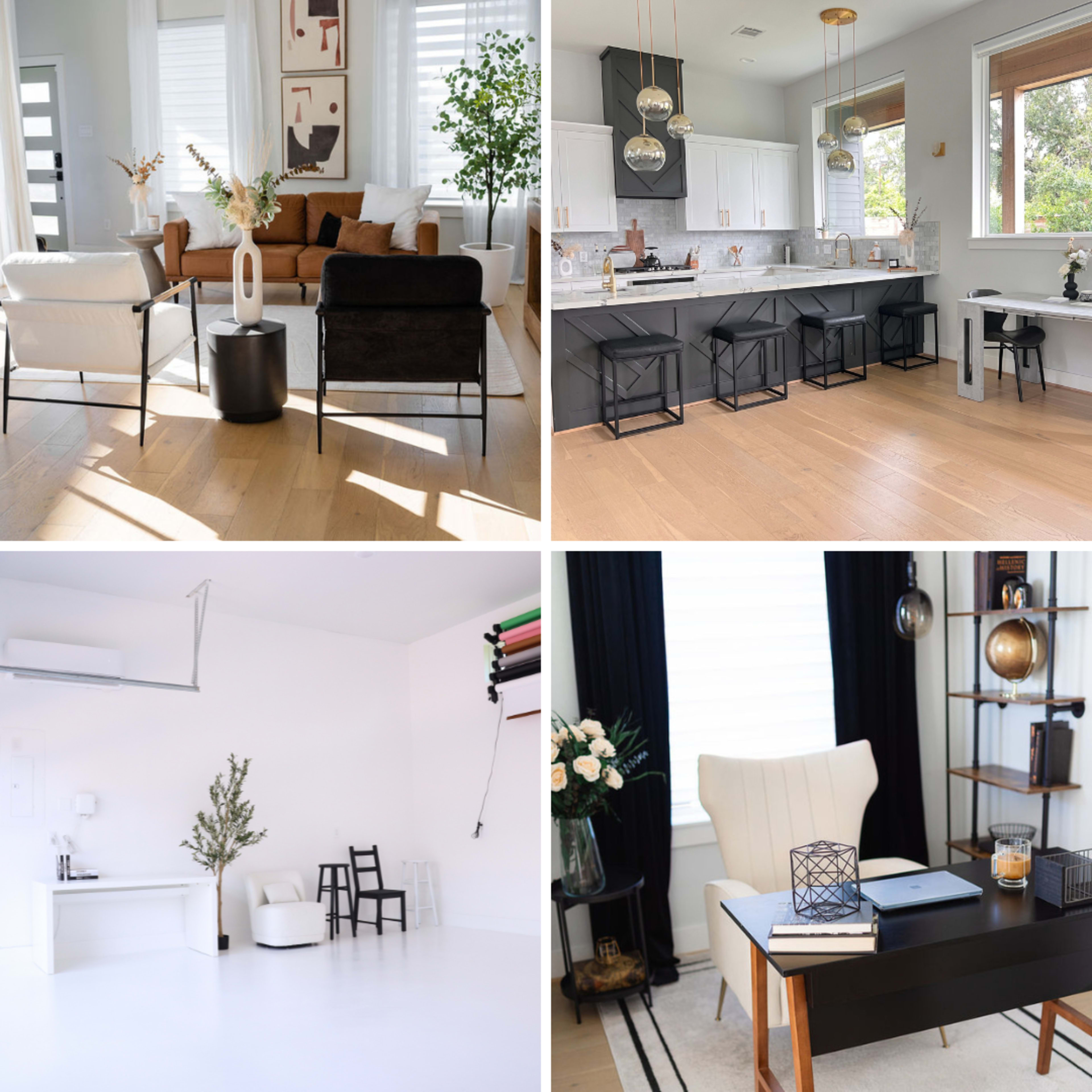 The image features four interior scenes: a living room with a couch and chairs, a kitchen with modern appliances and countertops, a bright studio space with minimal decor, and a stylish office setup with a desk and decorative elements.