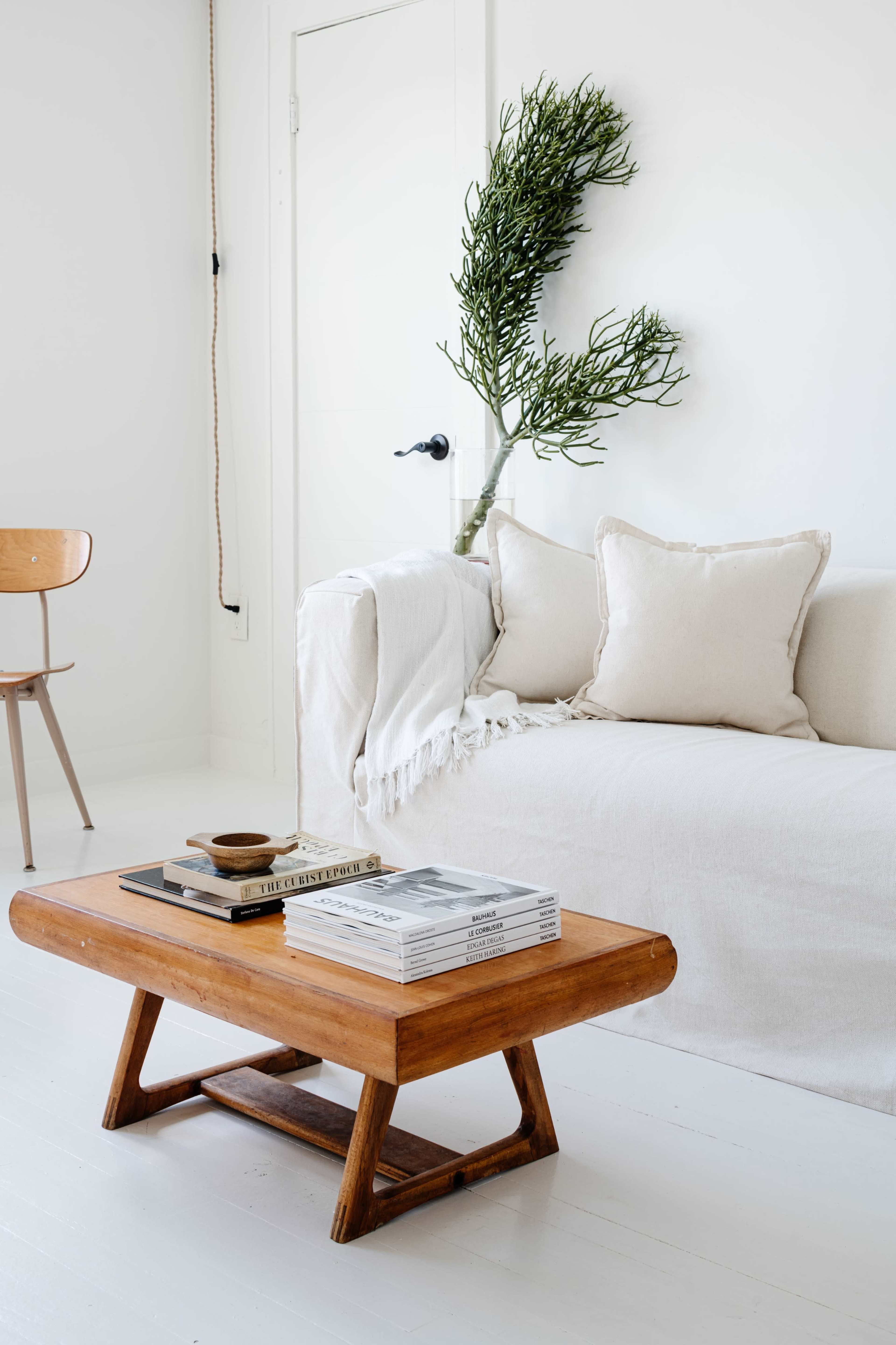 The image shows a minimalist living room with a beige sofa, a wooden coffee table stacked with magazines, and a chair, complemented by a plant in a vase.