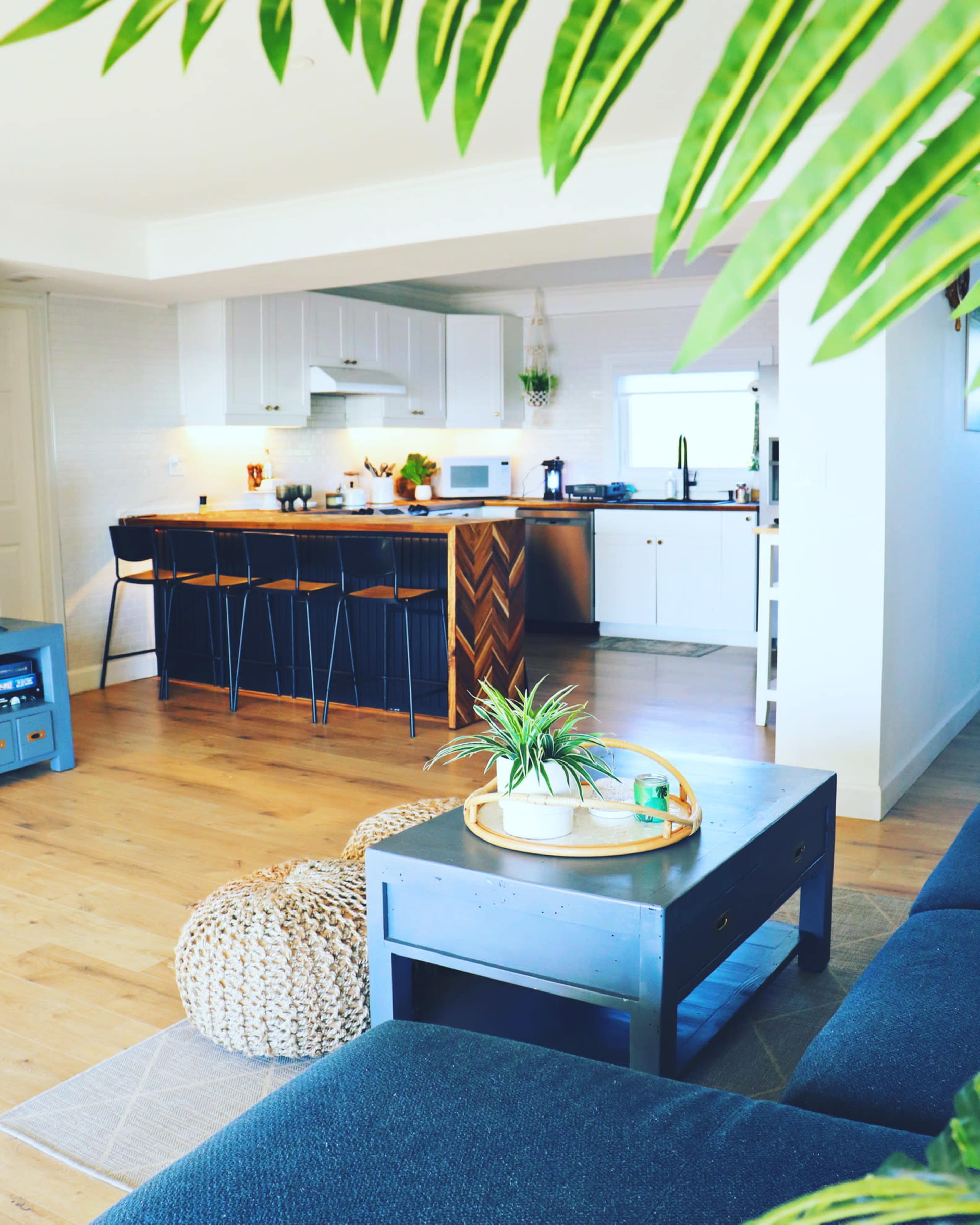 A modern living space with a kitchen in the background, featuring a dining area with bar stools, a coffee table, and a decorative plant.