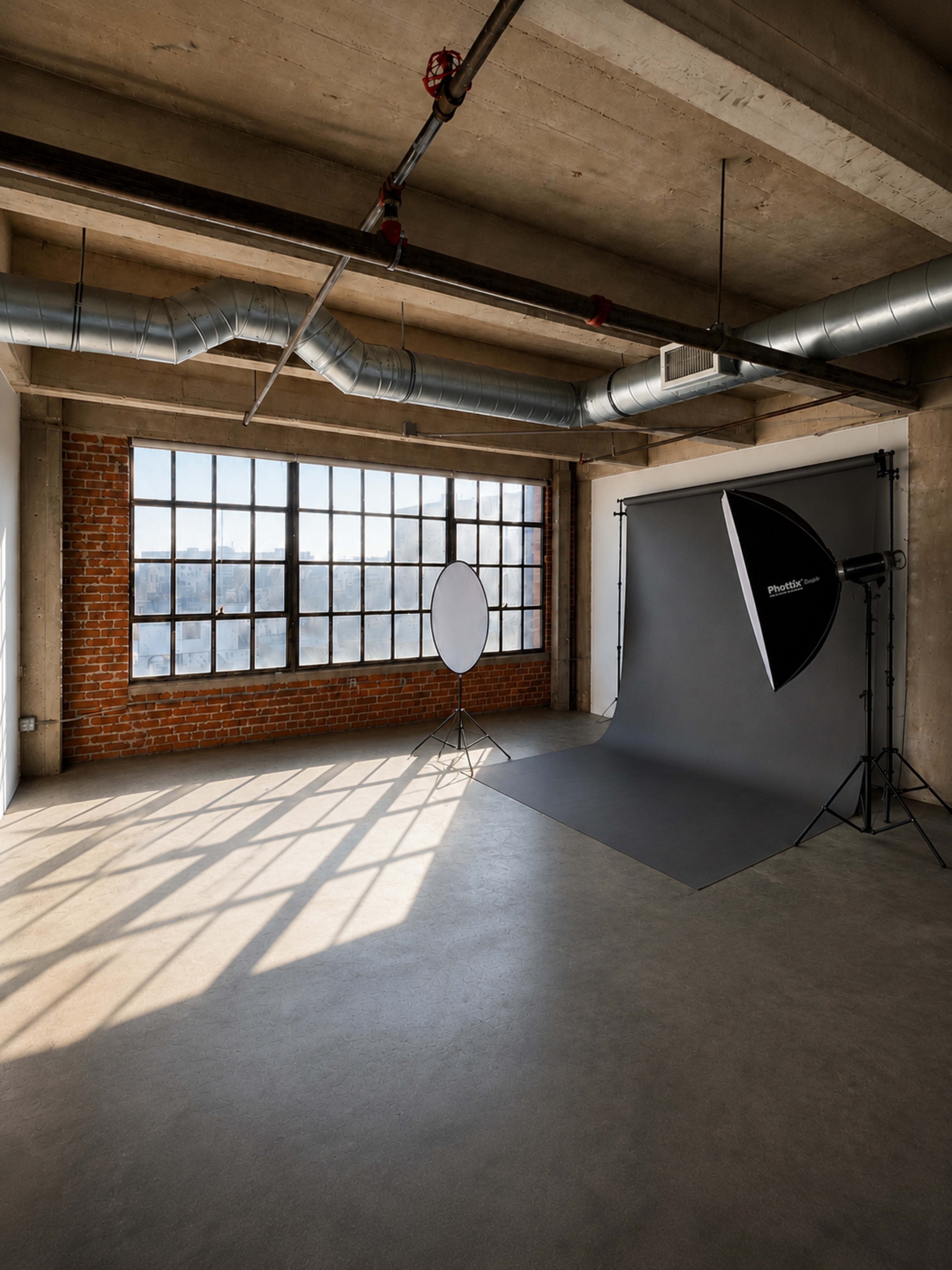 The image shows a spacious photography studio with large windows, a gray backdrop, and a reflector set up in the corner.