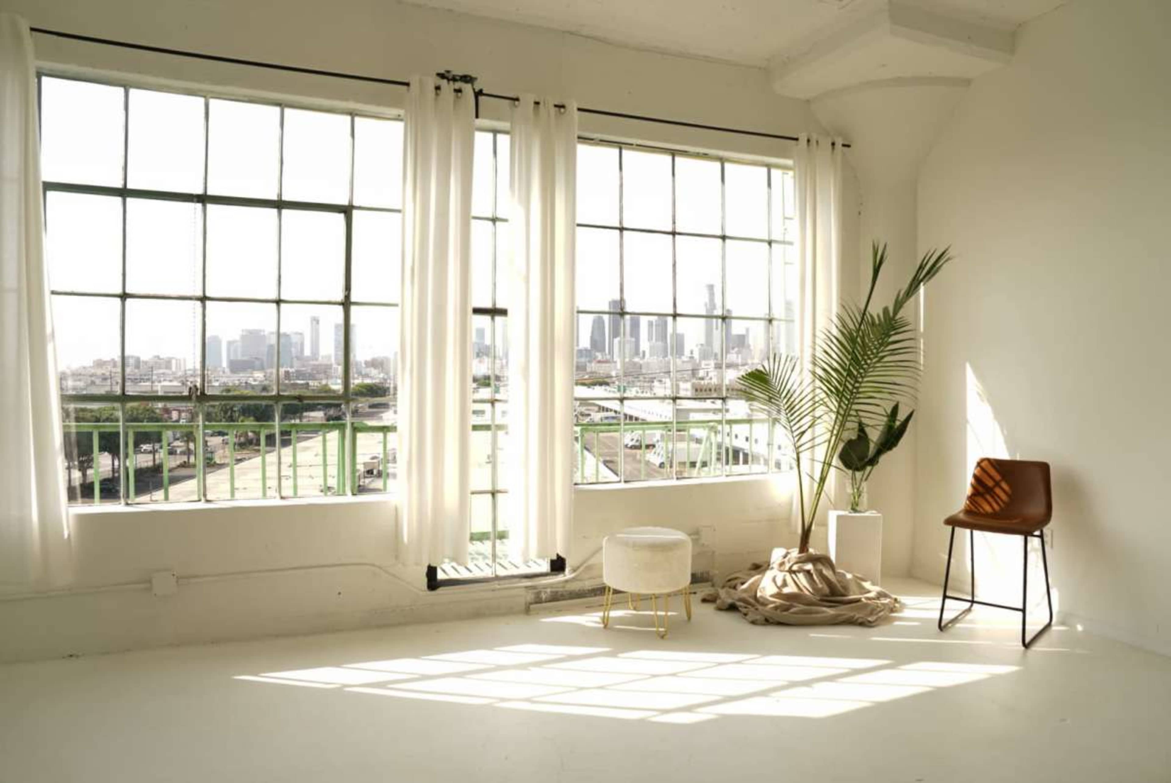 A bright, minimalist room with large windows, a potted plant, a chair, a small stool, and a blanket on the floor, all with a view of a city skyline.