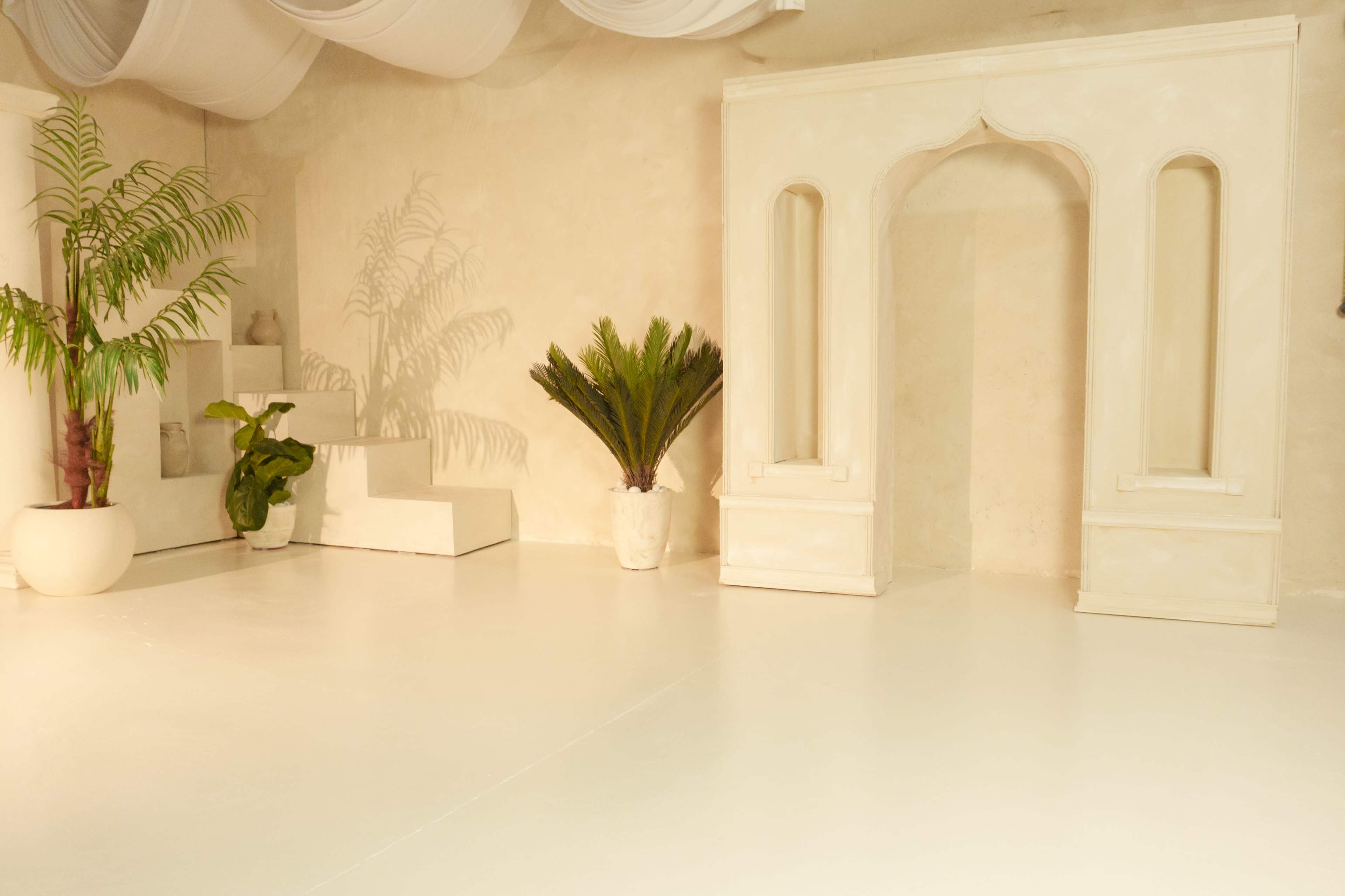 The image shows a minimalist interior space featuring a white floor, light-colored walls, a large archway structure, and several potted plants.