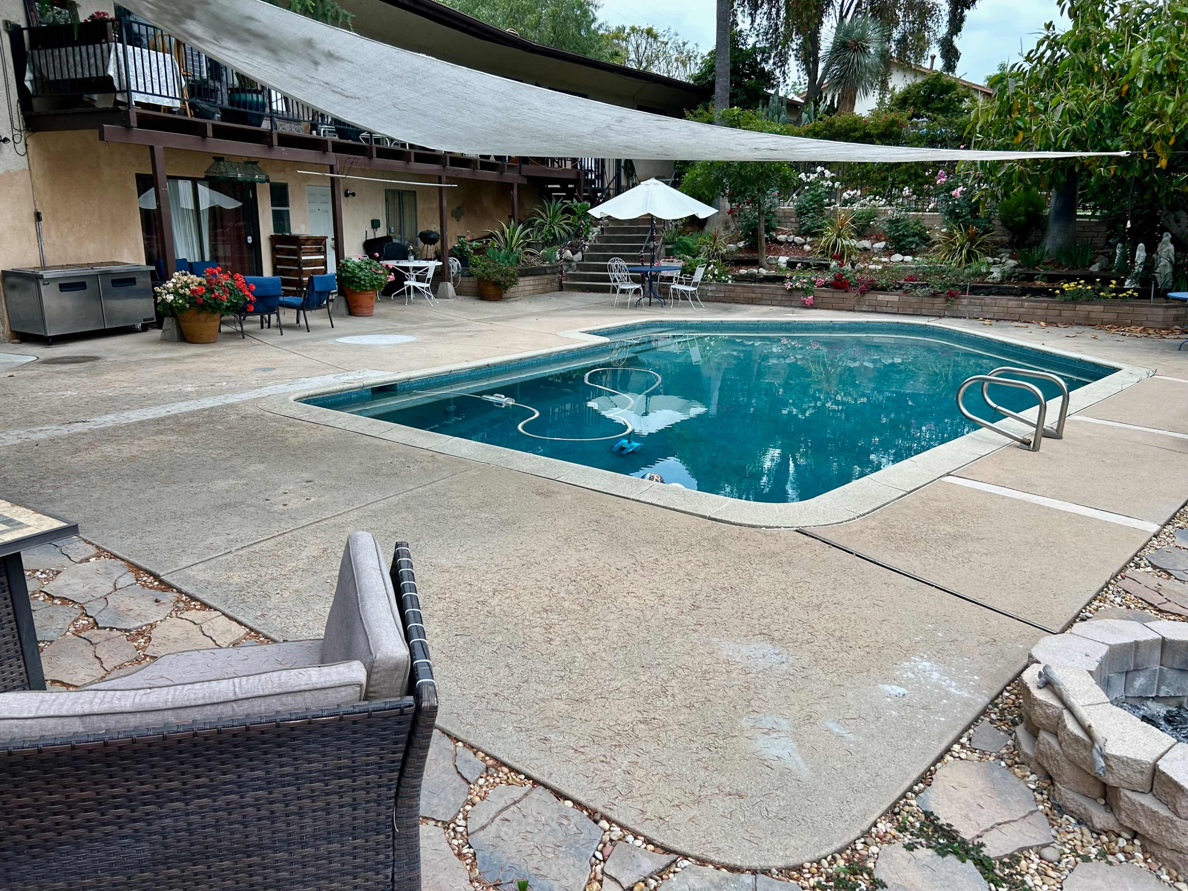 A swimming pool surrounded by a concrete patio, with lounge chairs and potted plants nearby, set in a landscaped outdoor area.