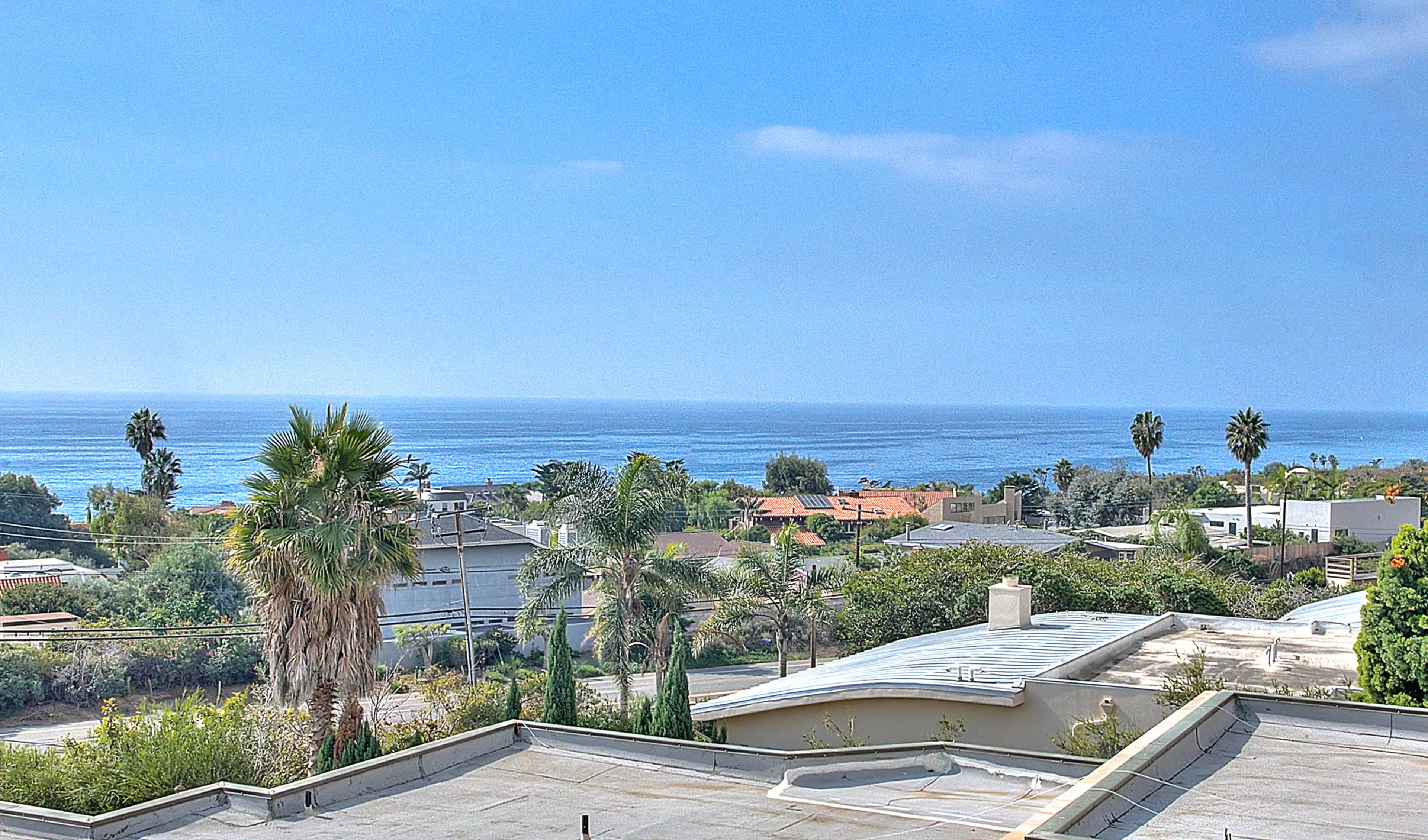 A coastal view with houses, palm trees, and the ocean in the background under a clear sky.