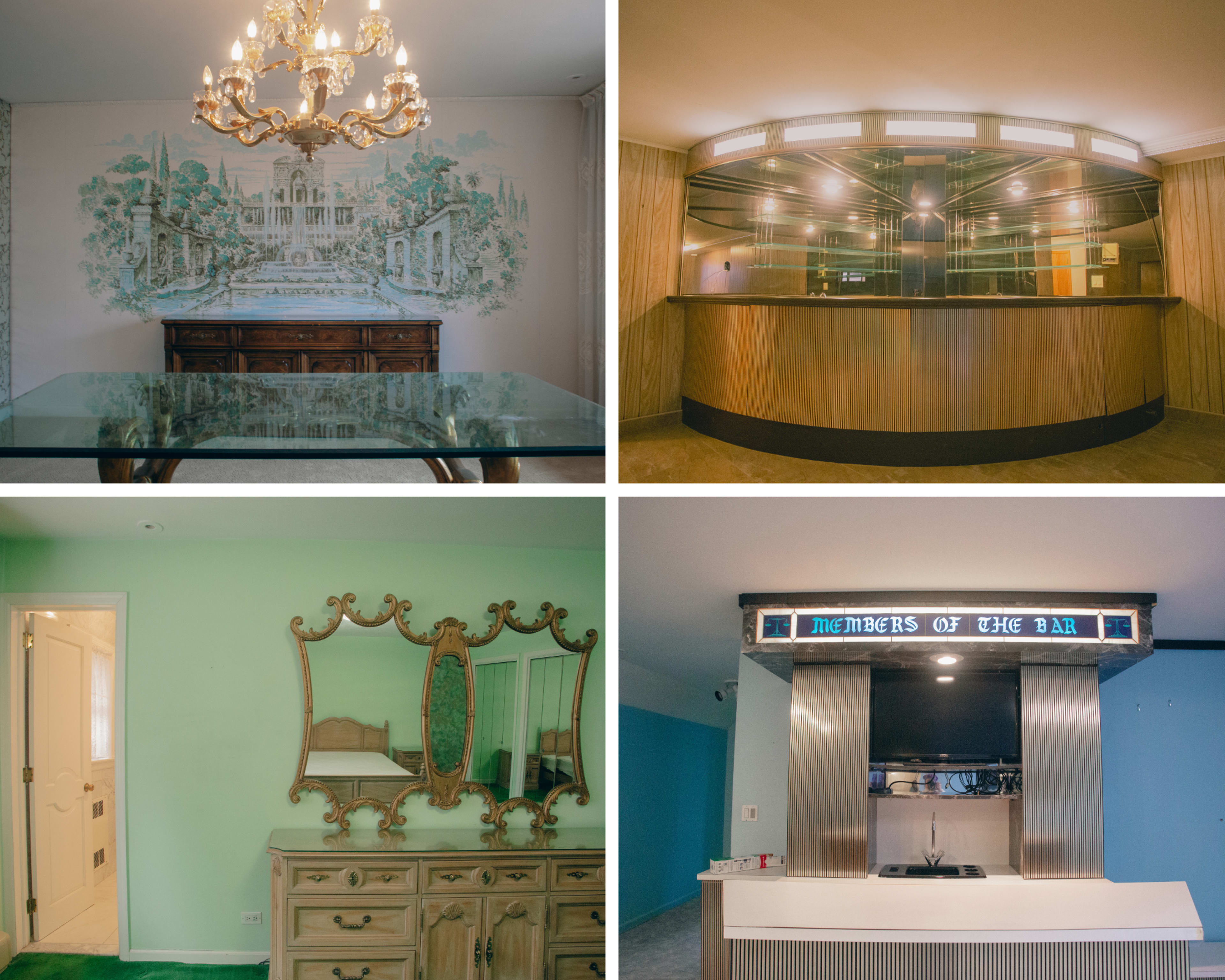 The image displays four distinct interior scenes: a dining area with a chandelier and mural, a bar counter with backlighting, a vanity area with mirrors, and a small bar designated as "Members of the Bar."