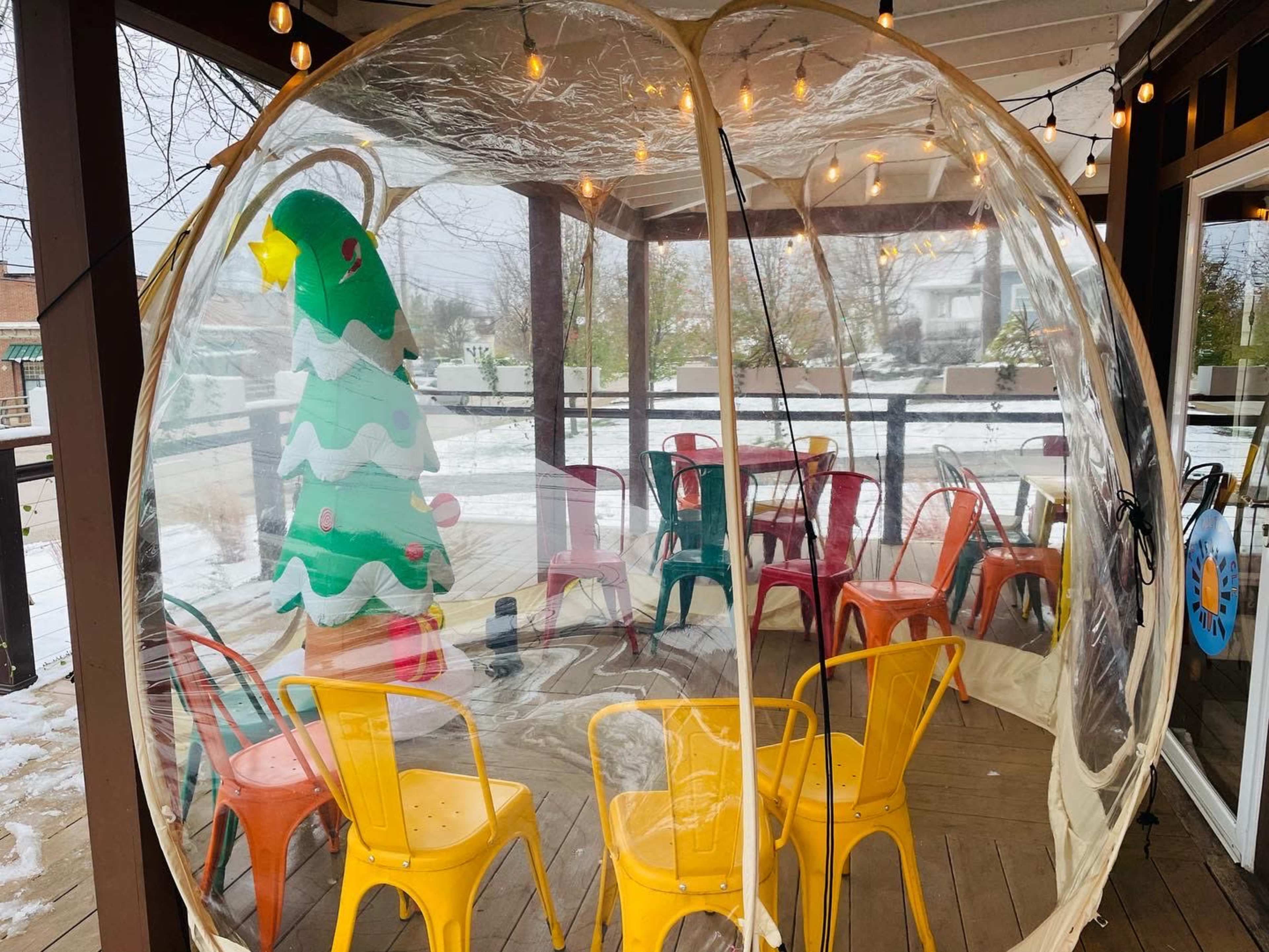 A clear dome structure houses colorful chairs and a large, decorated Christmas tree in a winter setting.