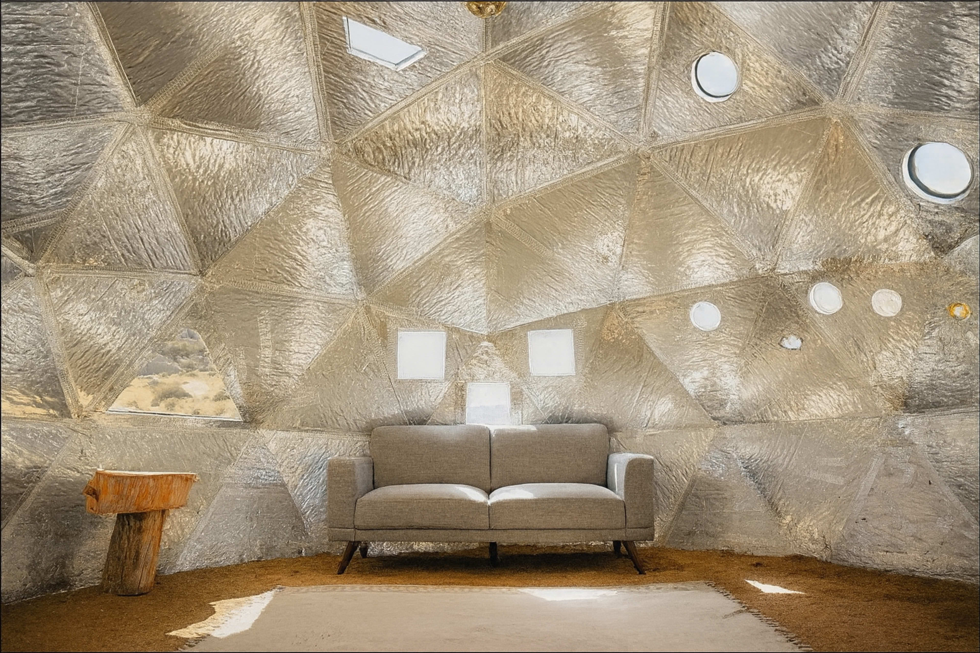 The interior of a geodesic dome features a gray sofa and multiple small circular windows, with a textured, silver wall design.