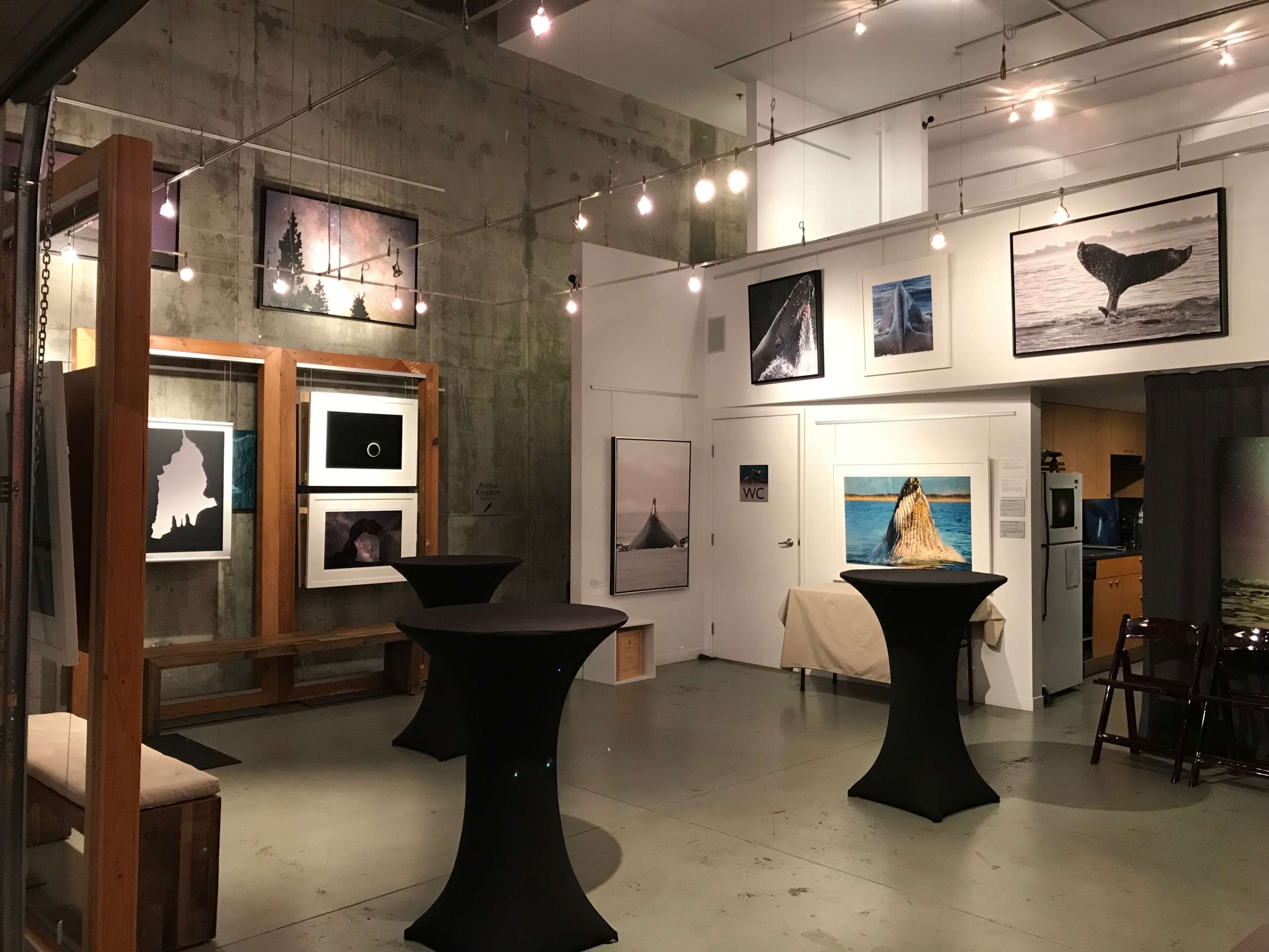 An art gallery with framed photographs displayed on concrete walls, featuring several tables covered in black cloth in the center of the room.