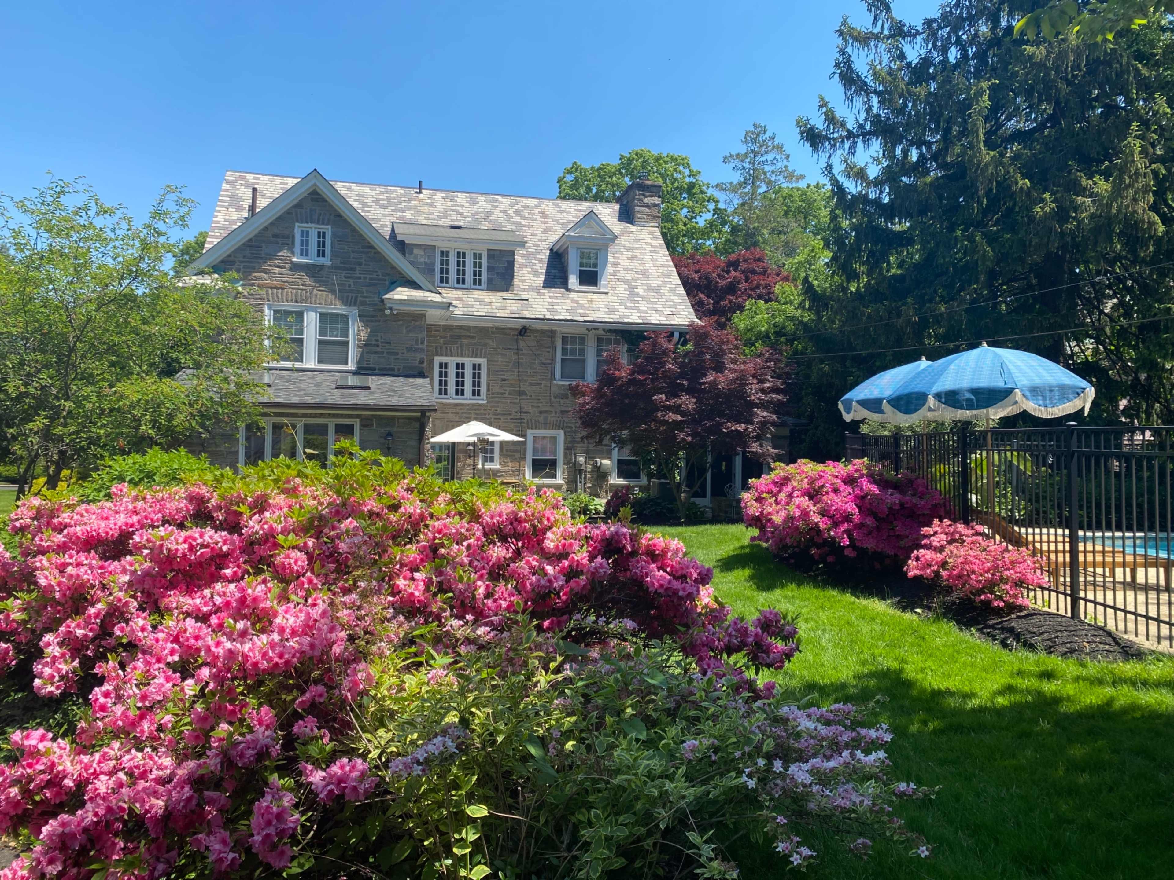 A large stone house with a gray roof is surrounded by vibrant pink azaleas and features a pool area with an umbrella in the backyard.