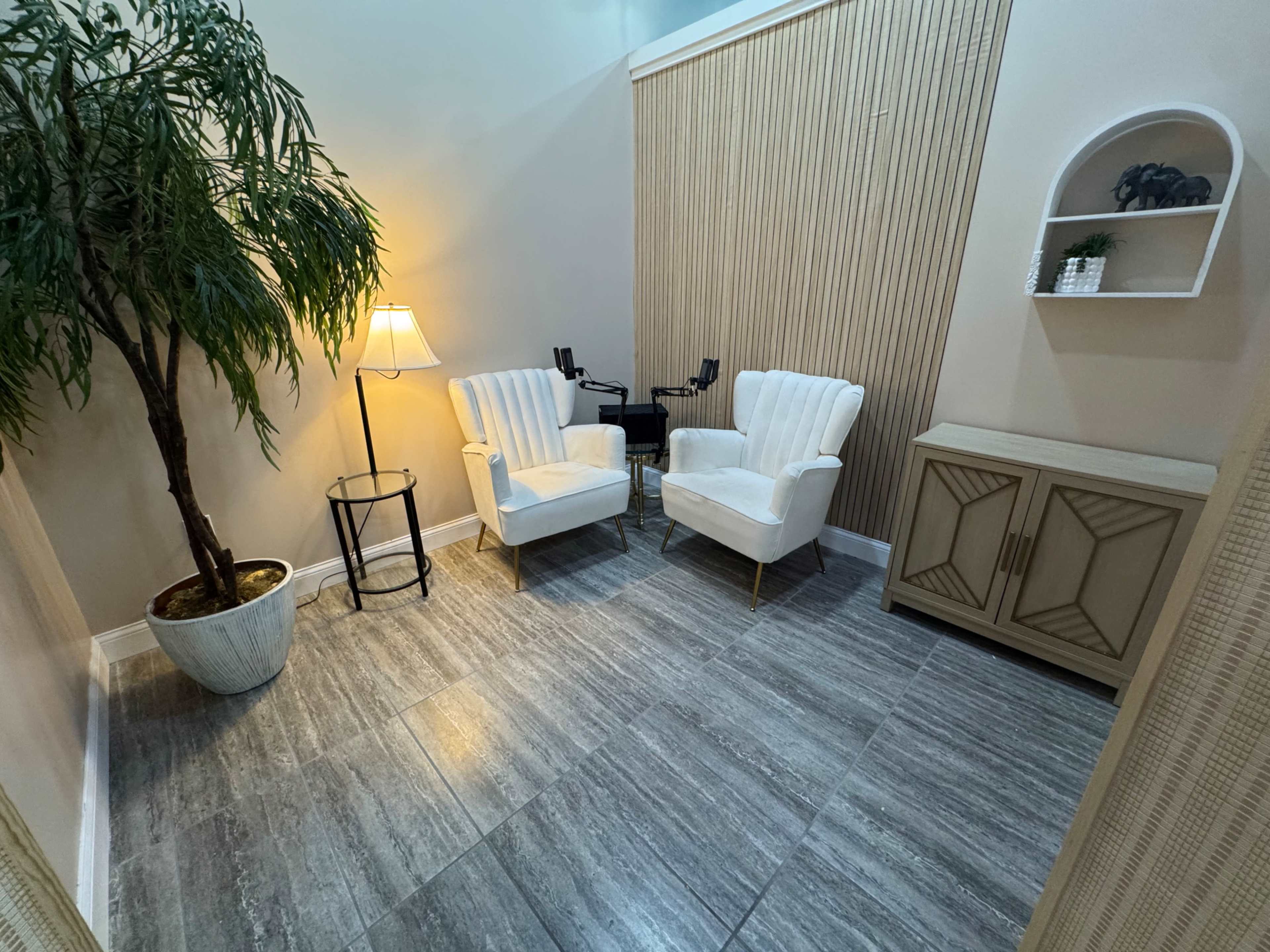 The image shows a small, well-lit corner of a room featuring two white chairs, a floor lamp, a decorative plant, and a storage cabinet against the wall.