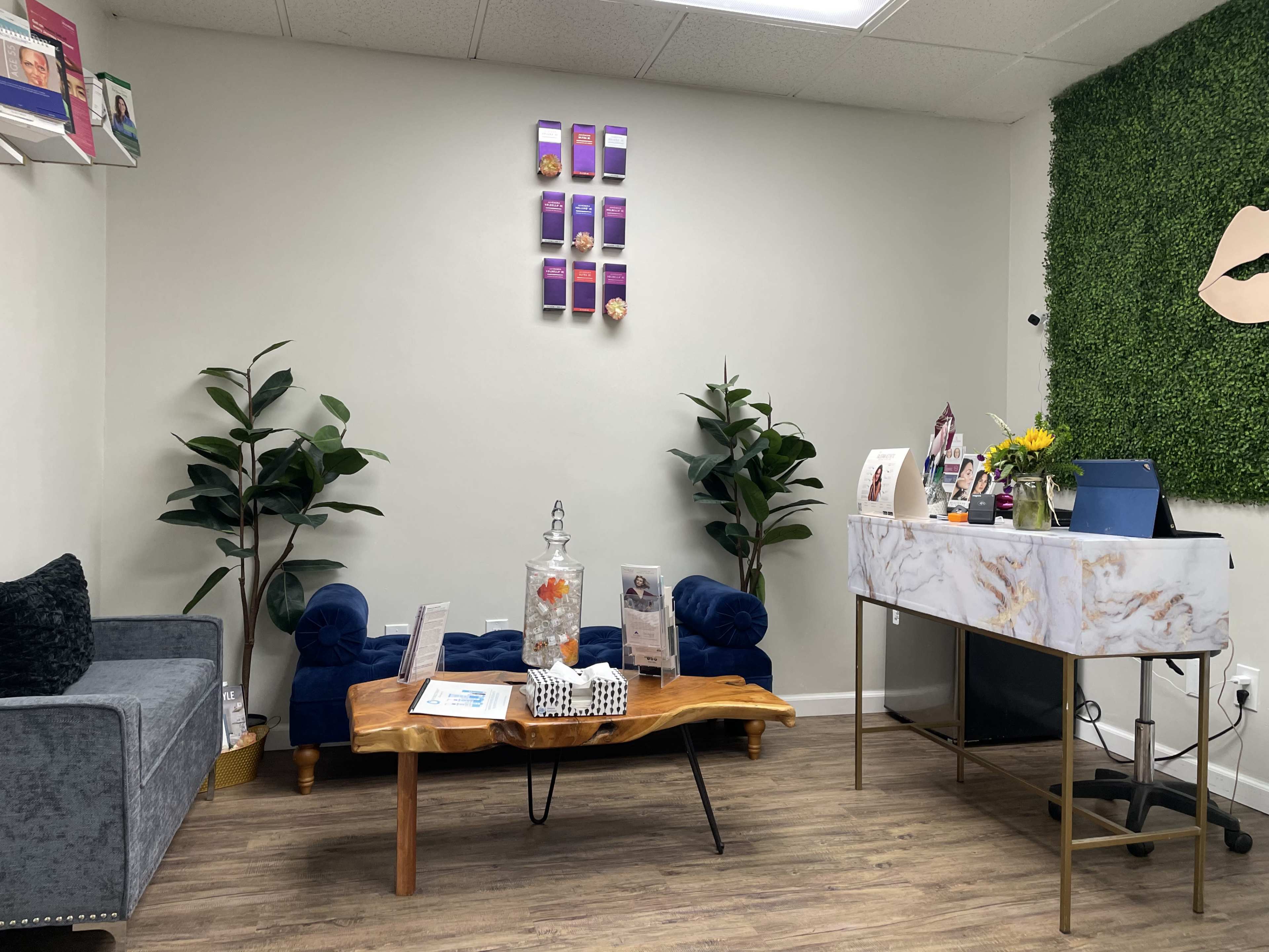 A cozy waiting area with a gray sofa, a blue tufted couch, a wooden coffee table, and a small reception desk decorated with flowers and pamphlets, surrounded by potted plants and a green wall panel.