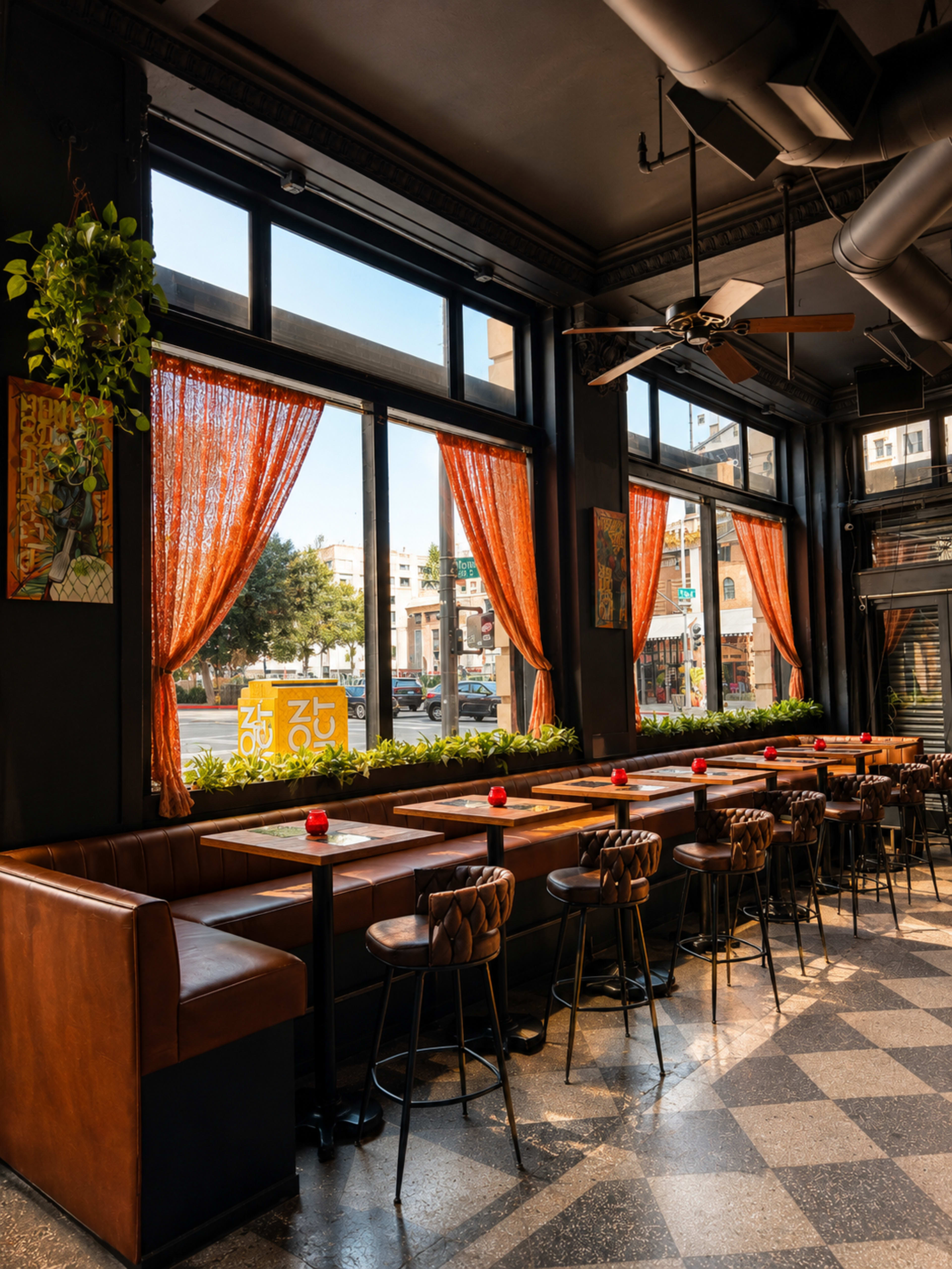 The image shows a modern restaurant interior featuring large windows with orange curtains, booth seating, and bar stools along a tiled floor.