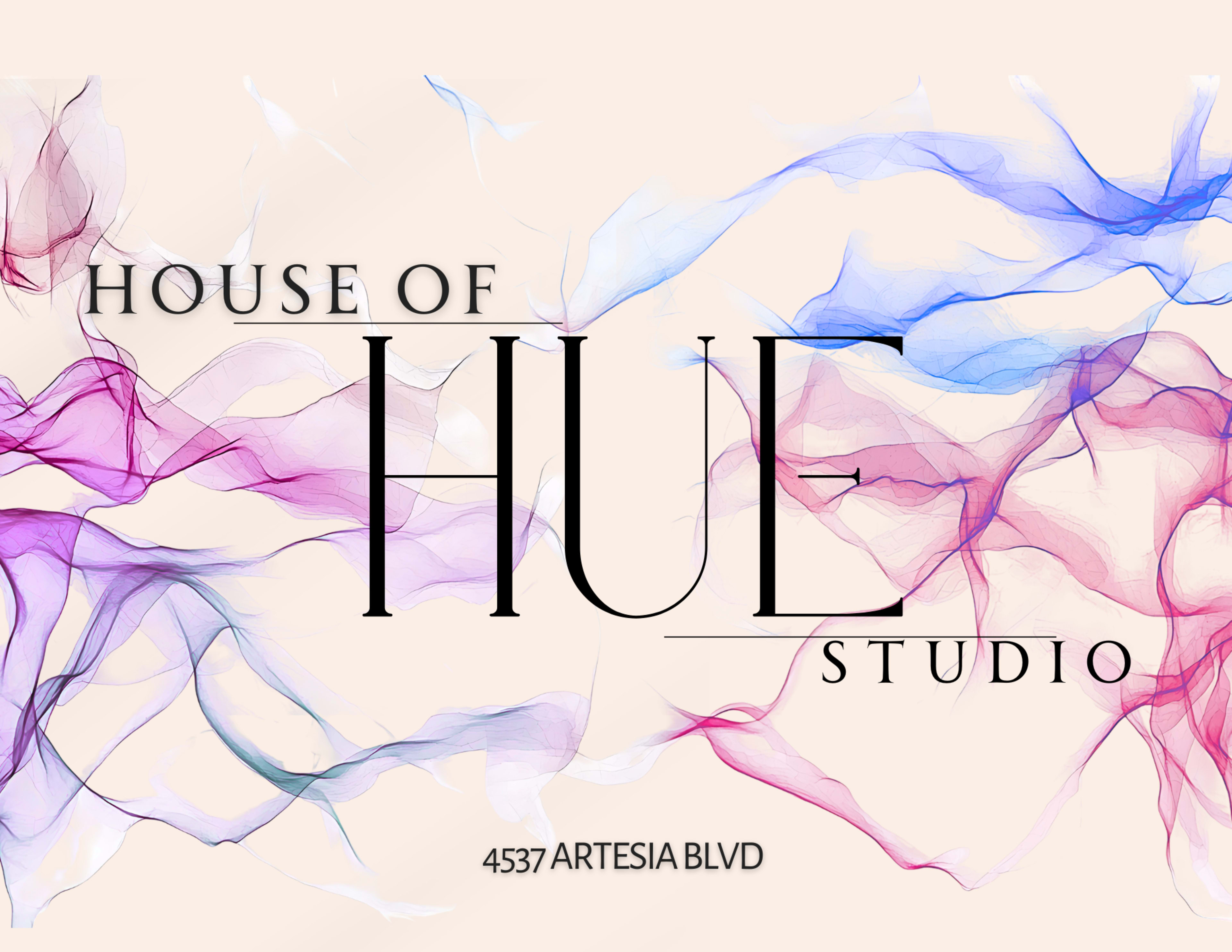 The image features a stylized logo for "House of Hue Studio" with flowing, colorful ribbons in shades of pink and blue against a light background, and includes the address "4537 Artesia Blvd."